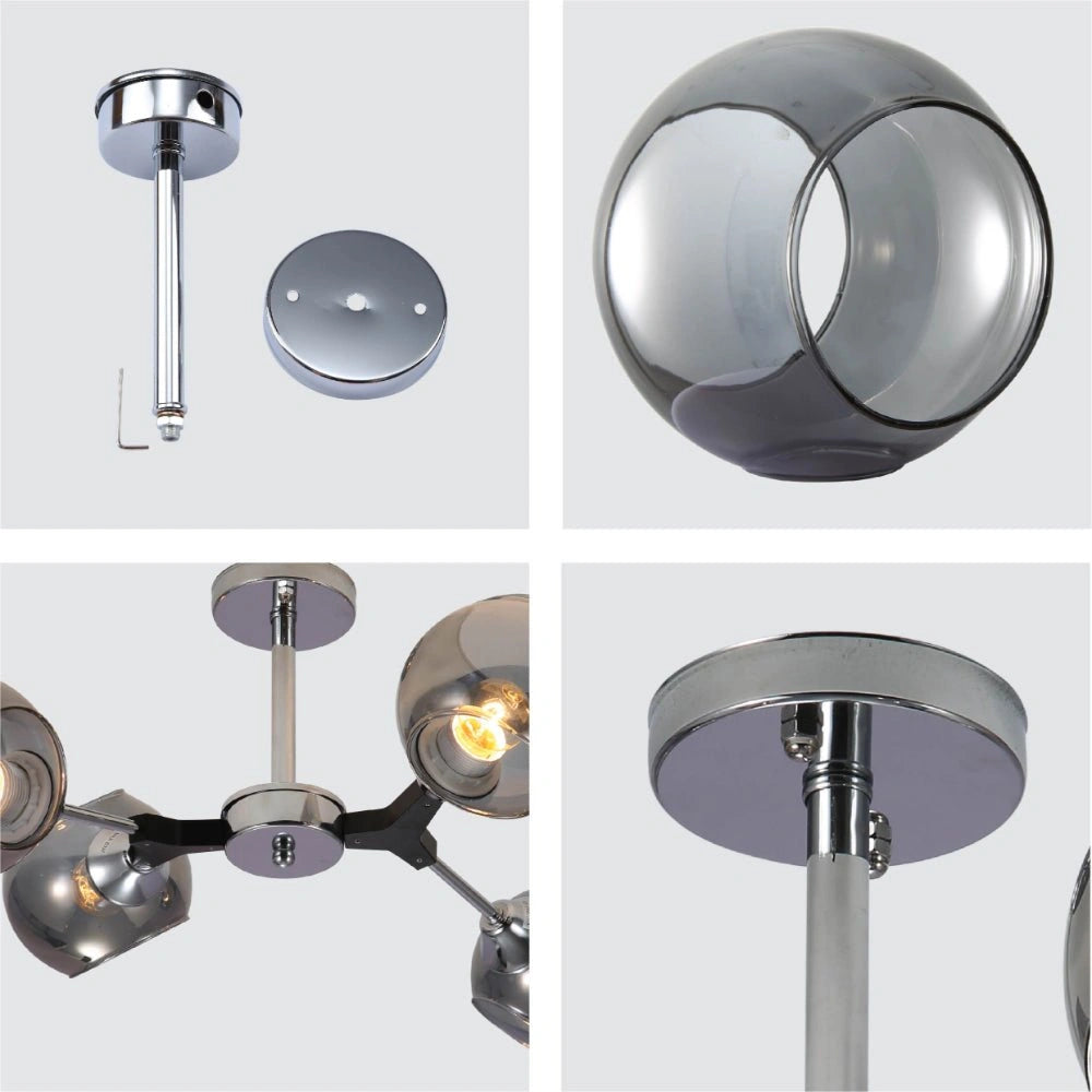 Detailed shots of Smoky Barrel Glass Chrome Metal Body Sputnik Modern Ceiling Light with E27 Fittings | TEKLED 159-17692