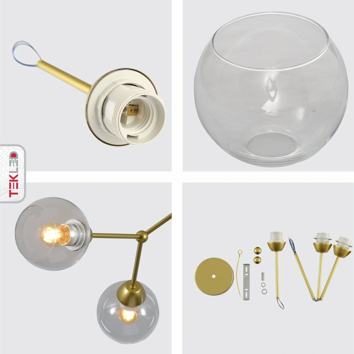 Detailed shots of Clear Glass Gold Wishbone Branch Twig Semi Flush Modern Sputnik Ceiling Light with 3xE27 Fitting | TEKLED 159-17804