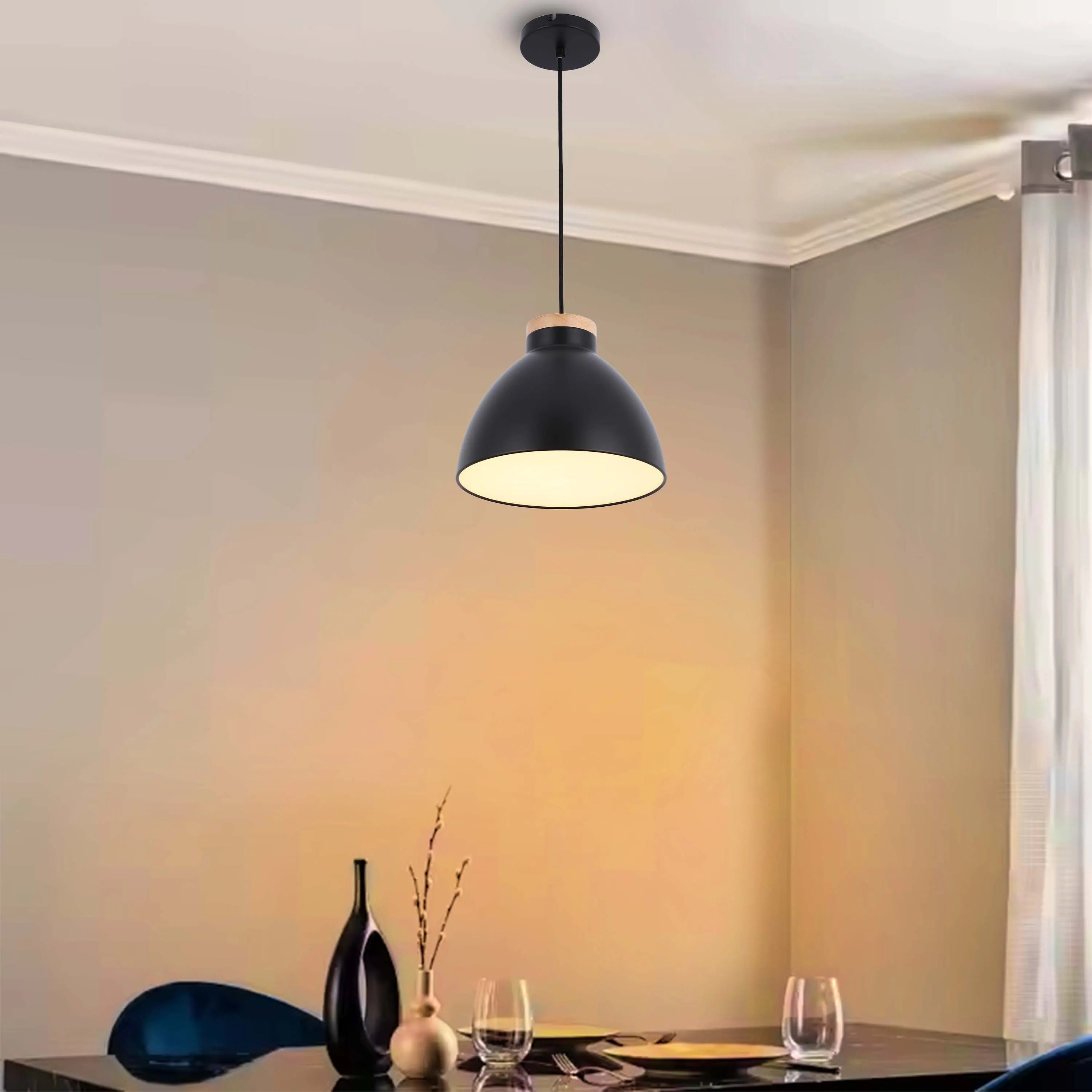 Lámpara colgante tipo cúpula con detalle en madera – Casquillo E27, máximo 40W, IP20