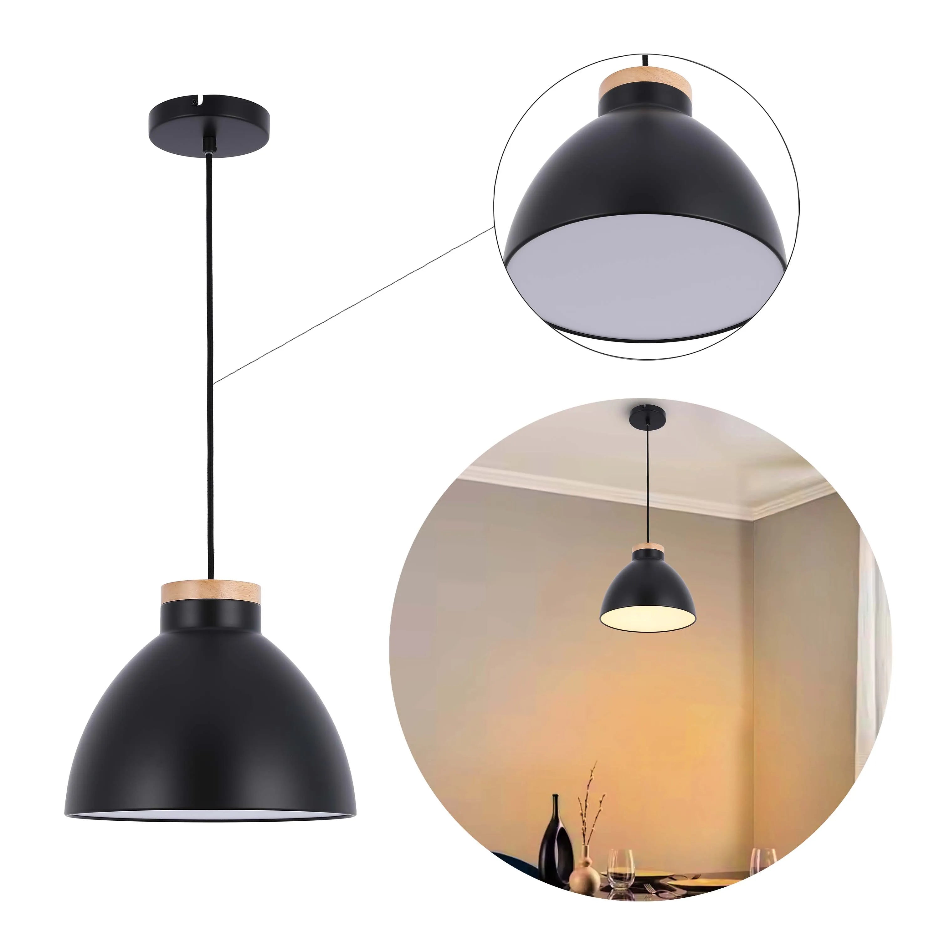 Lámpara colgante tipo cúpula con detalle en madera – Casquillo E27, máximo 40W, IP20