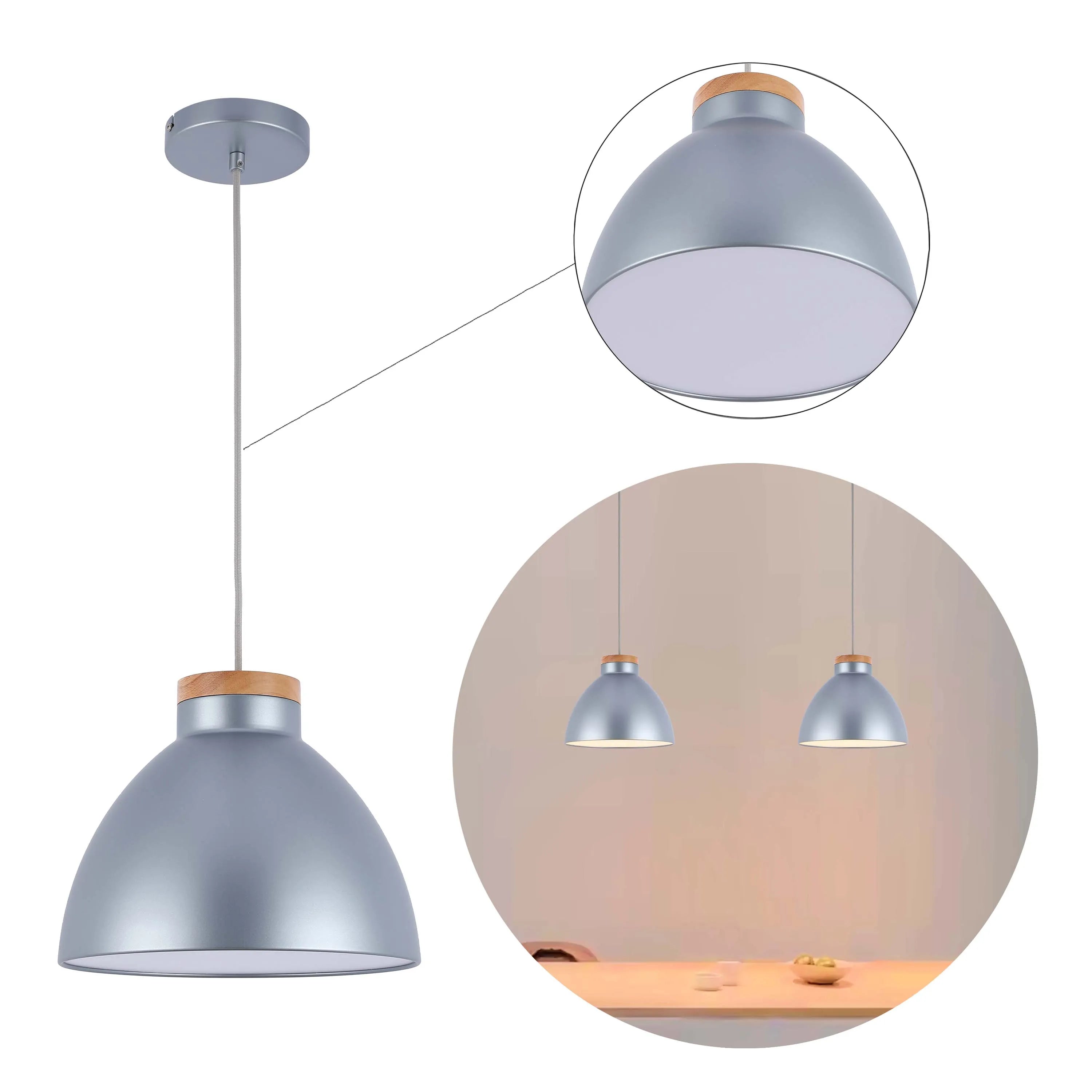 Lámpara colgante tipo cúpula con detalle en madera – Casquillo E27, máximo 40W, IP20