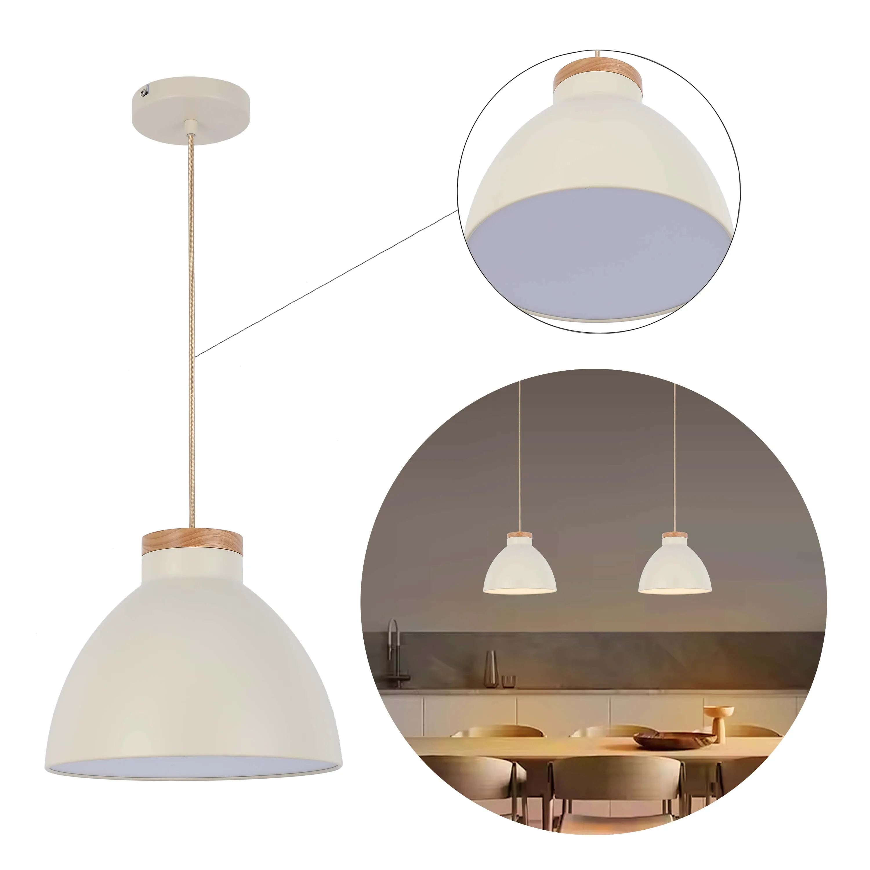 Lámpara colgante tipo cúpula con detalle en madera – Casquillo E27, máximo 40W, IP20