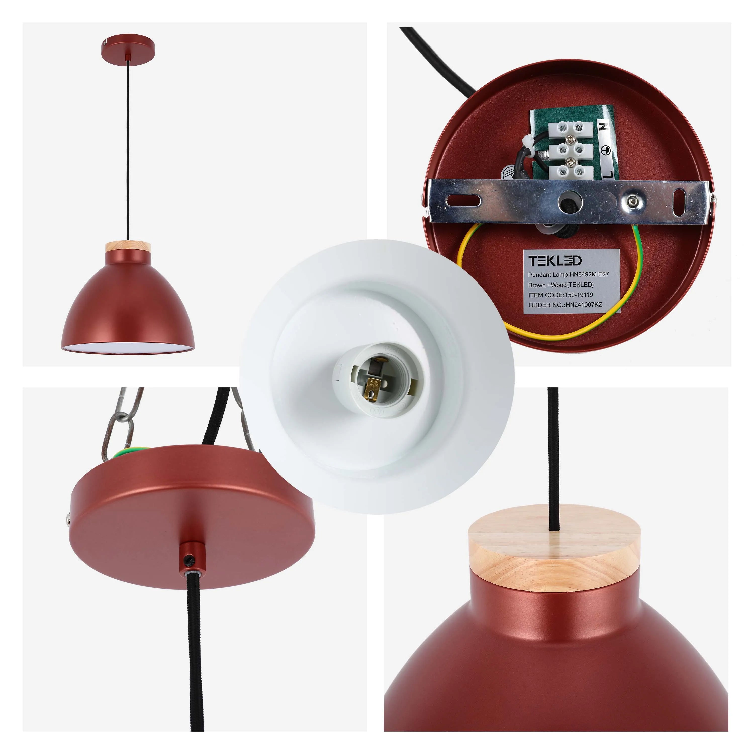 Lámpara colgante tipo cúpula con detalle en madera – Casquillo E27, máximo 40W, IP20