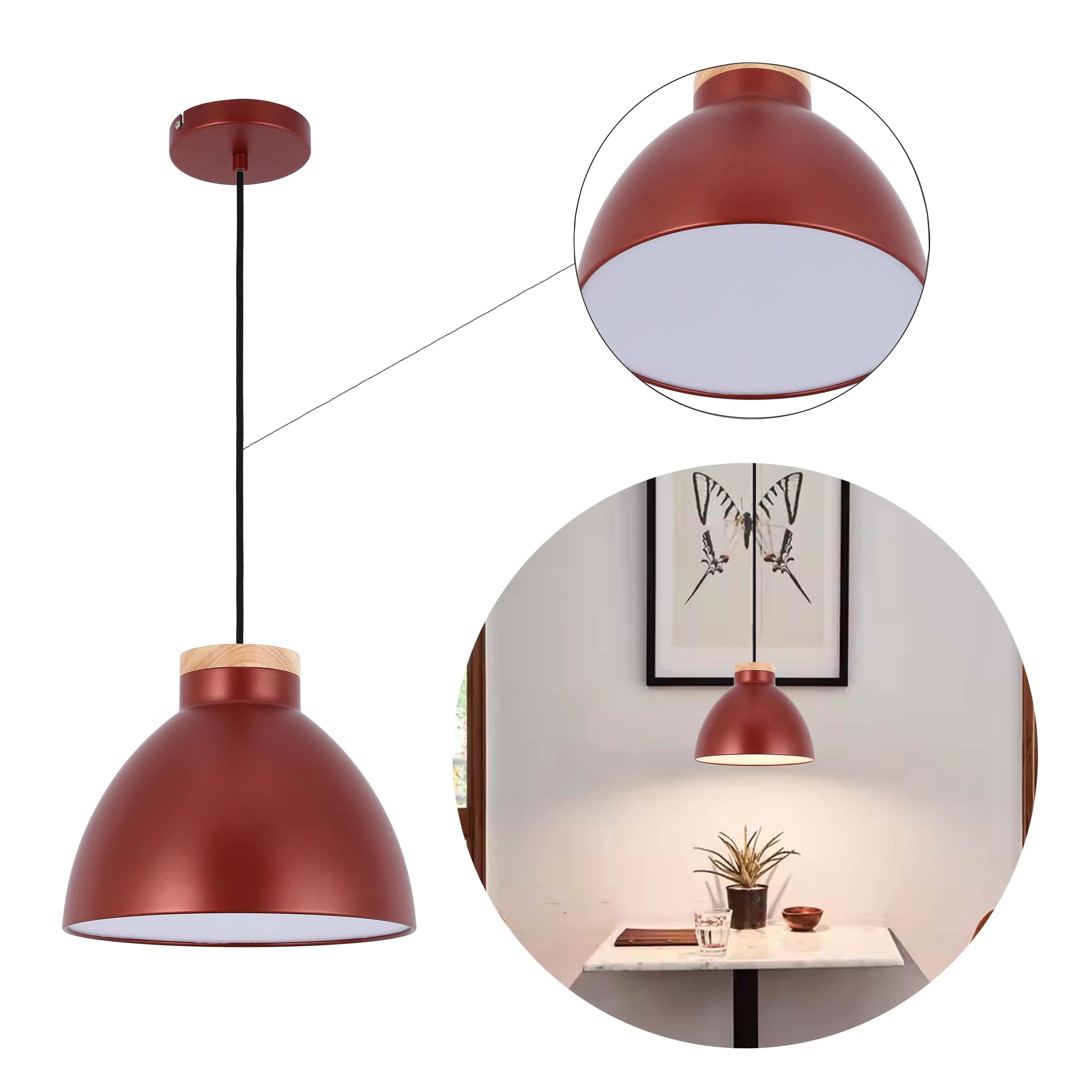 Lámpara colgante tipo cúpula con detalle en madera – Casquillo E27, máximo 40W, IP20