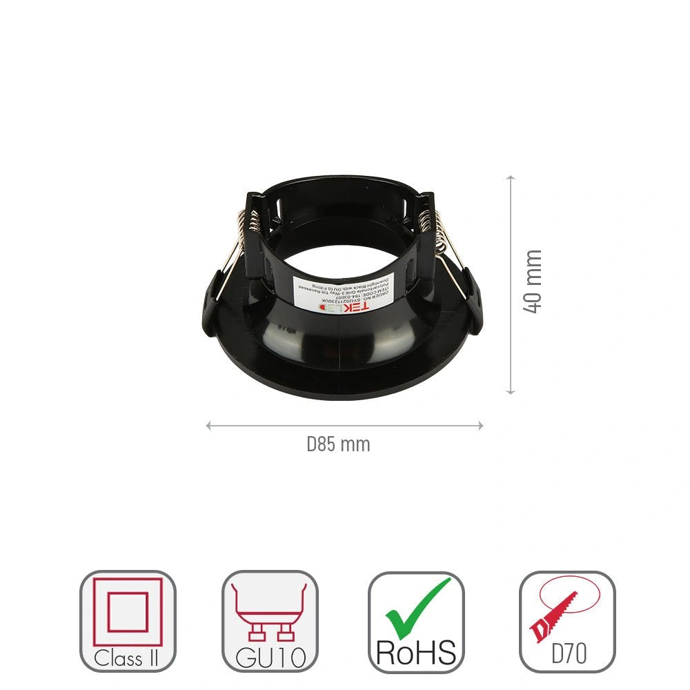 Size and specs of Round Anti Glare Polycarbonate Recessed Downlight GU10 White or Black | TEKLED 164-03007