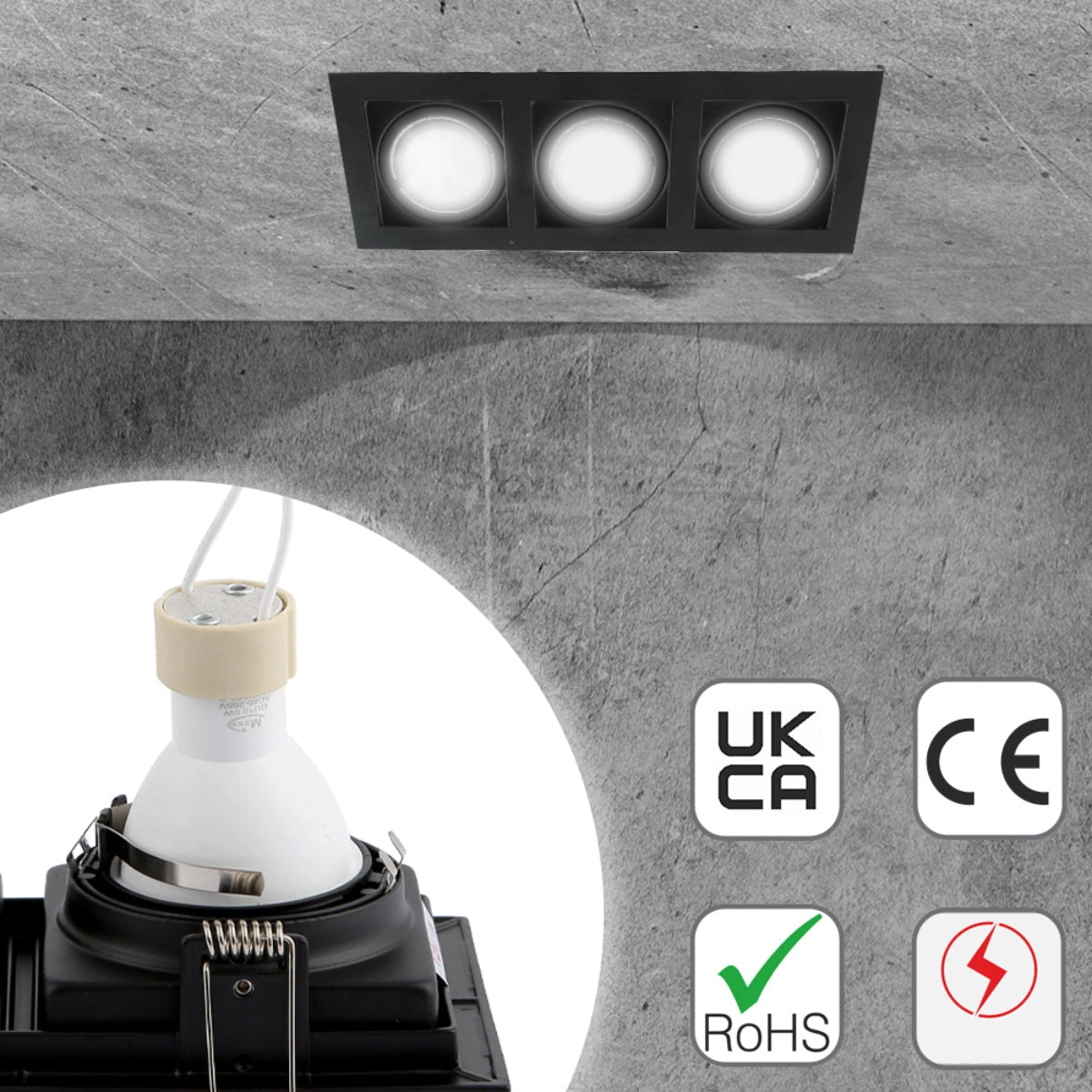 Close up shots of Grille Recessed Tilt Downlight Black with 3xGU10 Fitting | TEKLED 165-03882