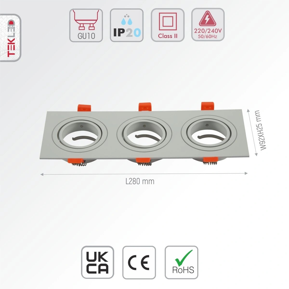 Size and specs of Rectangle Recessed Tilt Downlight White with 3xGU10 Fitting | TEKLED 165-03888