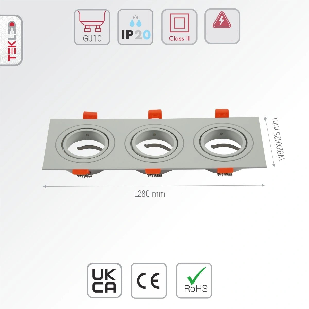 Size and specs of Rectangle Recessed Tilt Downlight White with 3xGU10 Fitting | TEKLED 165-03888