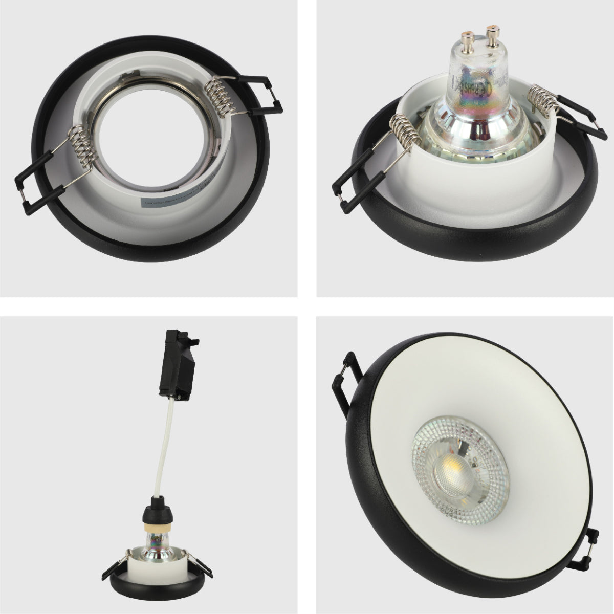 Primer plano de un downlight empotrable de aluminio con acento colorido, ideal para salas de estar con decoración moderna.