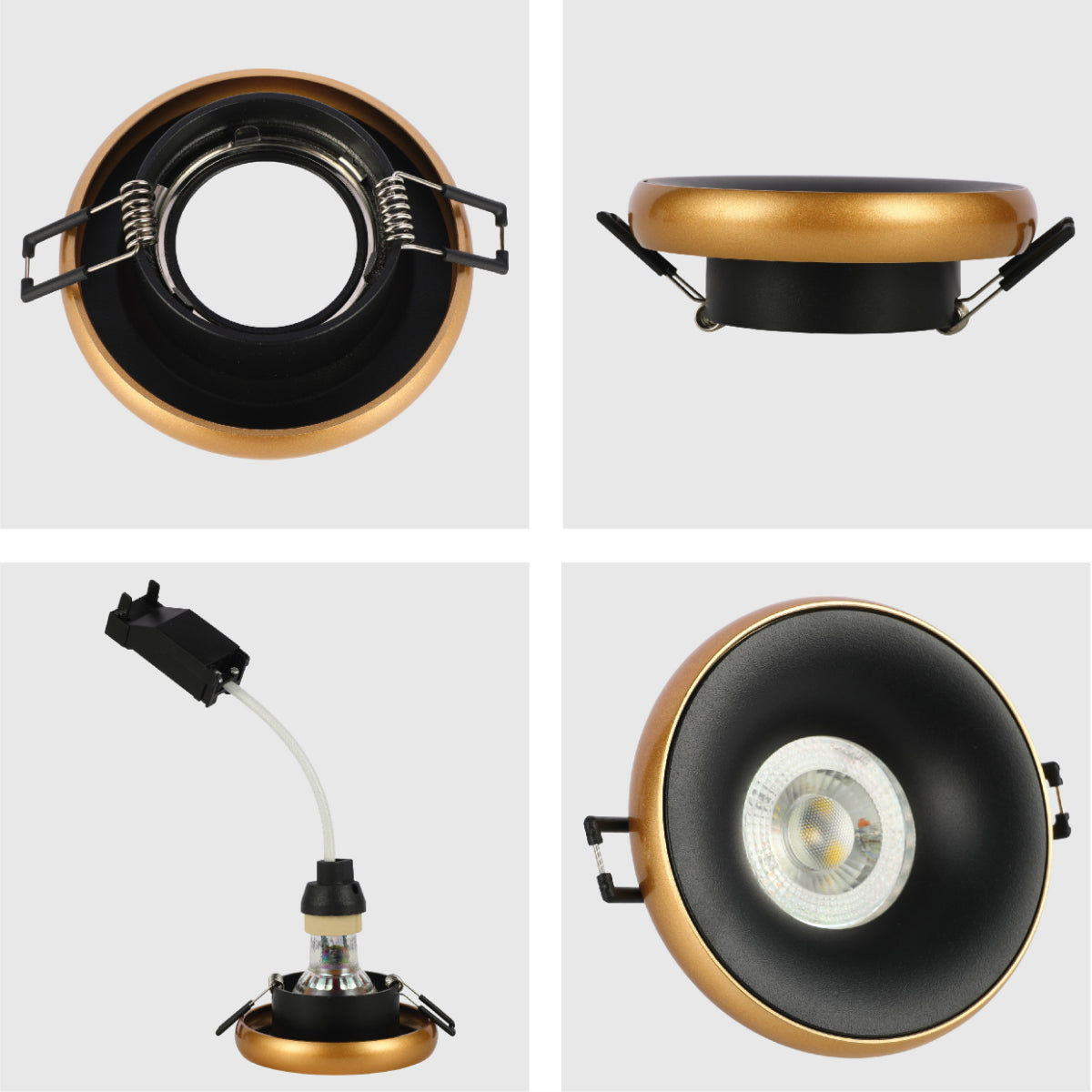 Detalle de downlight fijo de aluminio fundido con bisel acentuado, ideal para espacios modernos como oficinas o salas de estar.