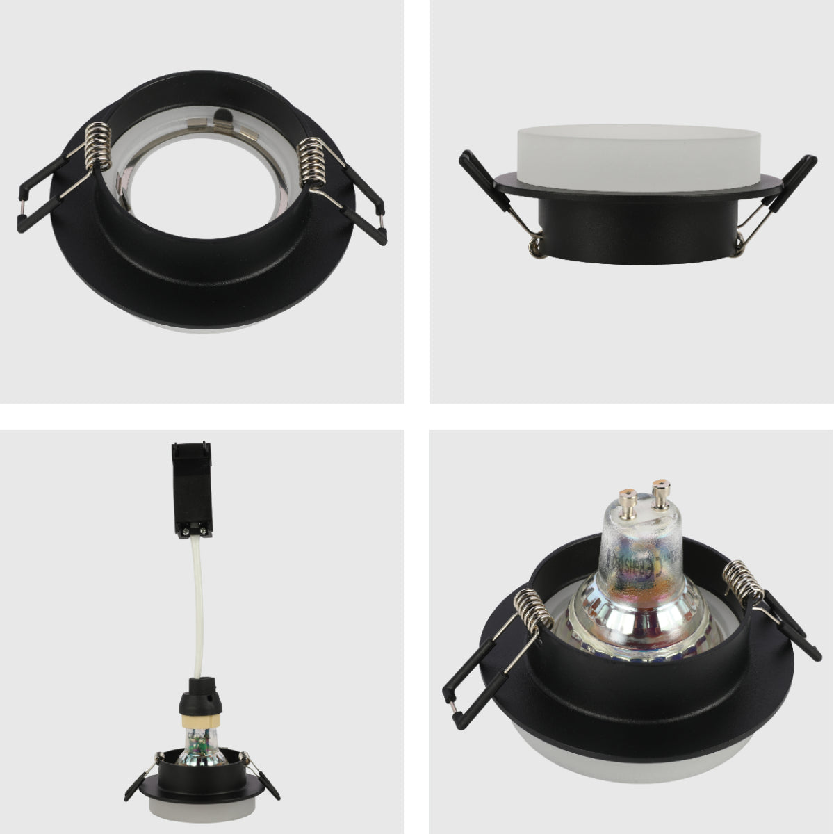 Close-up de un downlight fijo de aluminio con acrílico opal, ideal para oficinas de estilo moderno y minimalista.