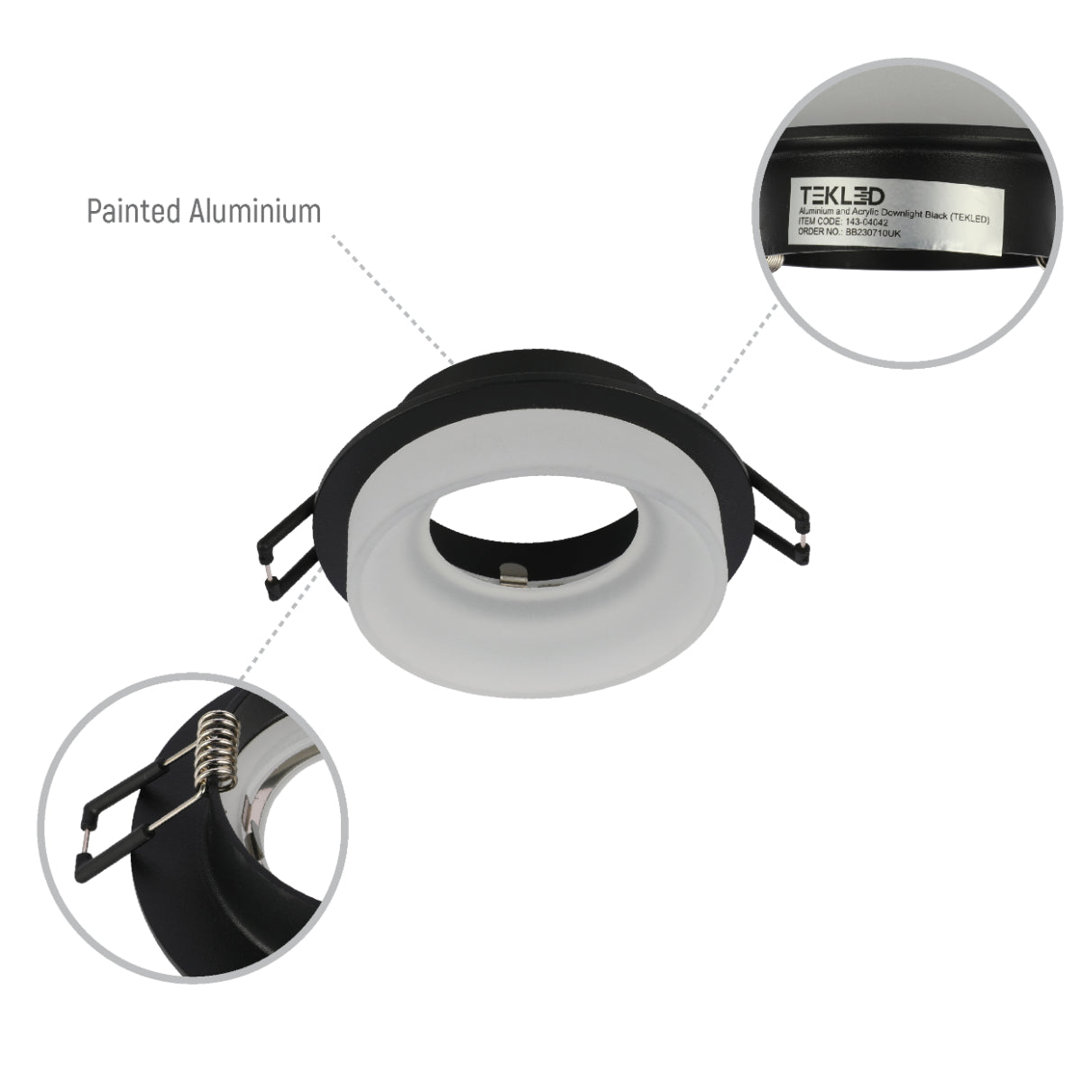 Detalle de un downlight fijo GU10 de aluminio con acrílico opal, ideal para iluminación moderna en espacios contemporáneos.