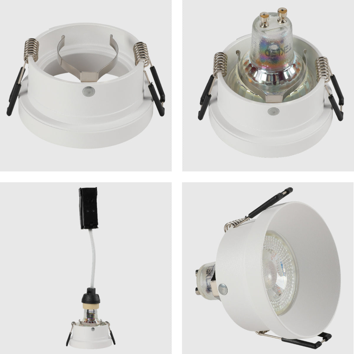 Detalle en primer plano de un downlight empotrado moderno de aluminio, ideal para oficinas con decoración contemporánea.