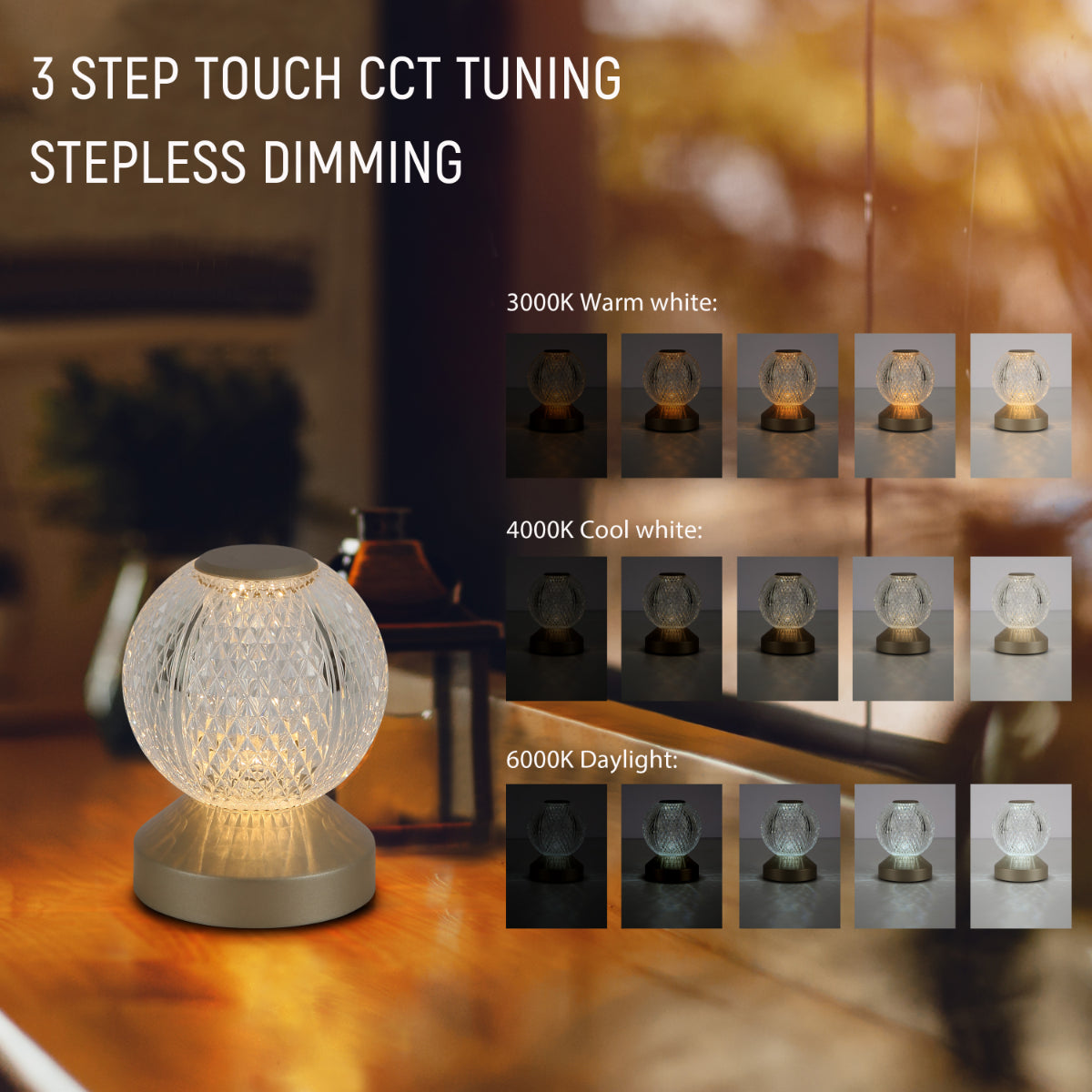 Lámpara esférica LED recargable con base táctil, ideal para decorar salas modernas y crear ambientes acogedores.