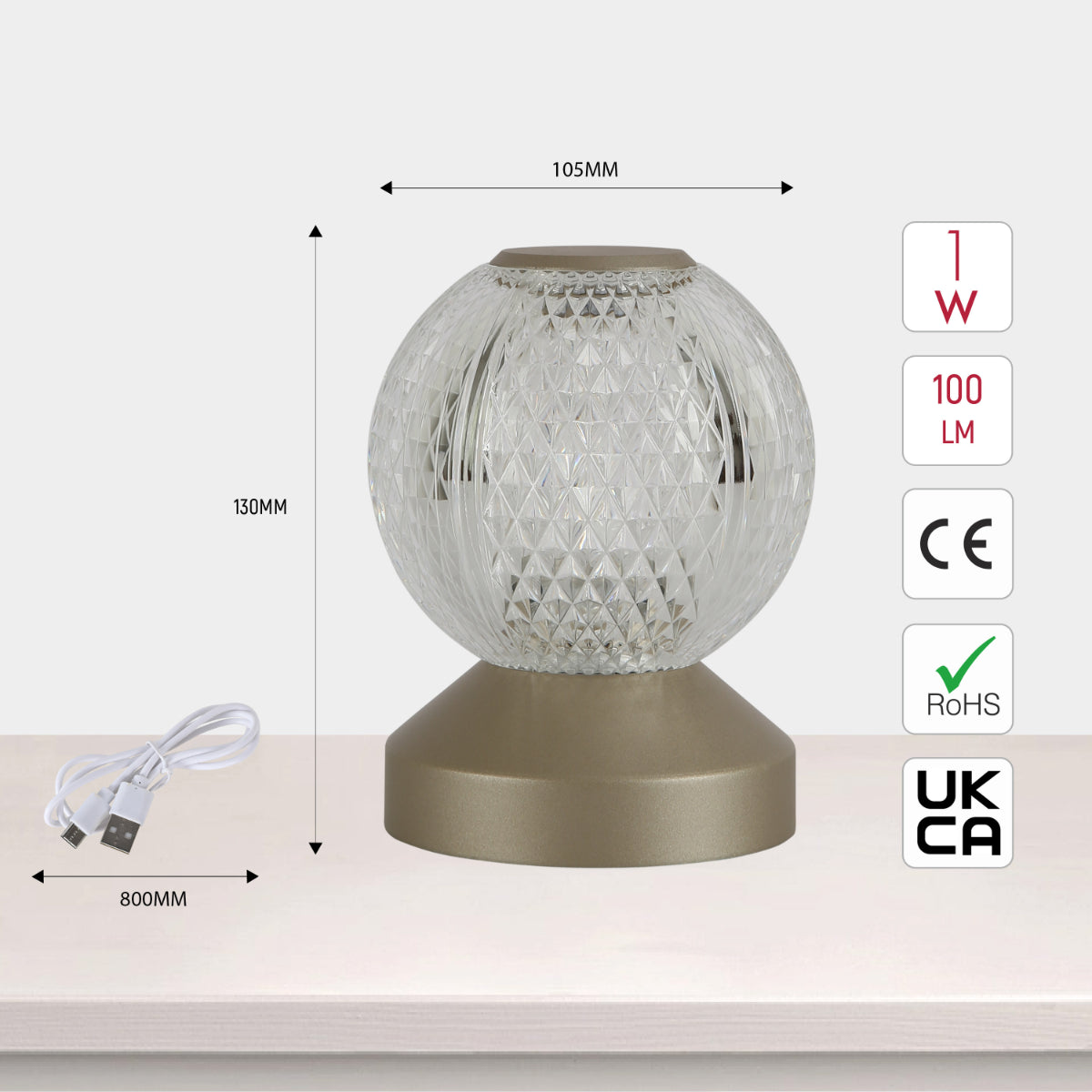 Lámpara LED esférica recargable, ideal para mesas de noche modernas y decoraciones contemporáneas.