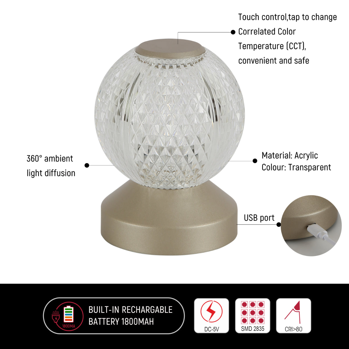 Dibujo técnico de lámpara LED esférica recargable, ideal para iluminación moderna en salas y espacios contemporáneos.