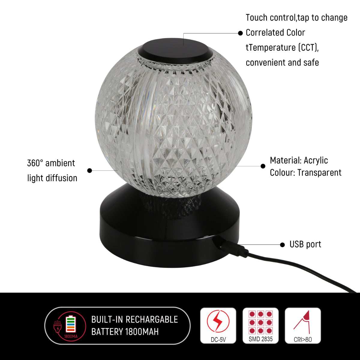 Close-up de lámpara LED esférica recargable, ideal para mesas de noche en decoración moderna y minimalista.