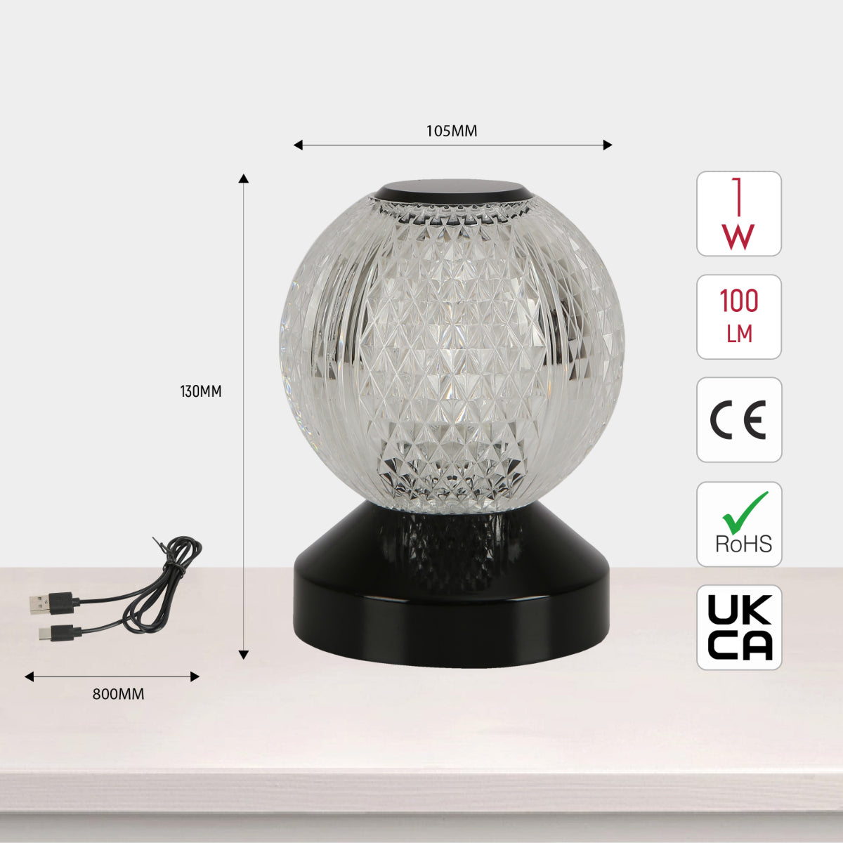 Lámpara LED esférica recargable, perfecta para mesas de noche en decoraciones modernas y minimalistas.
