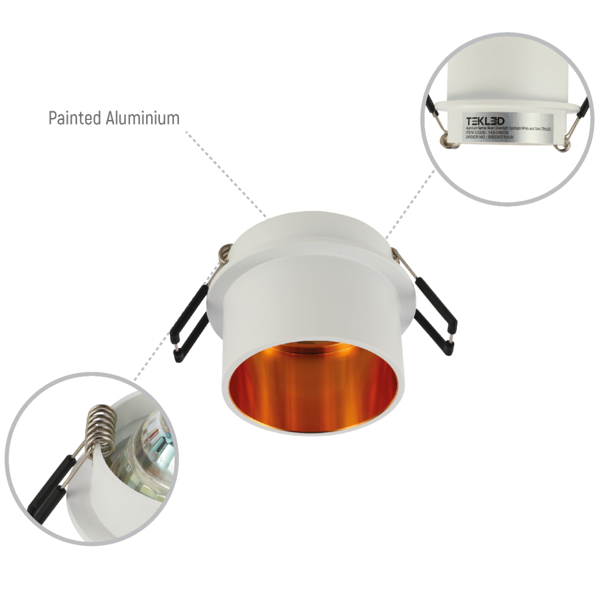 Detalle del downlight fijo de aluminio fundido con acentos de cobre, ideal para cocinas modernas y espacios contemporáneos.