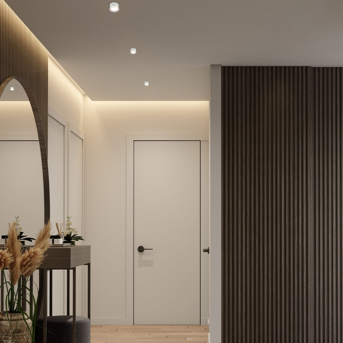 Aplique de iluminación empotrado de aluminio con acentos en cobre, ideal para espacios modernos y contemporáneos como oficinas y salas de estar.