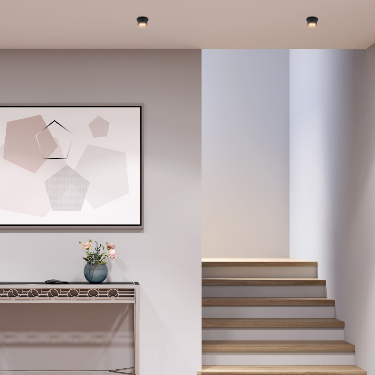 Imagen del downlight fijo de aluminio con acentos en cobre, ideal para oficinas con decoración moderna y elegante.