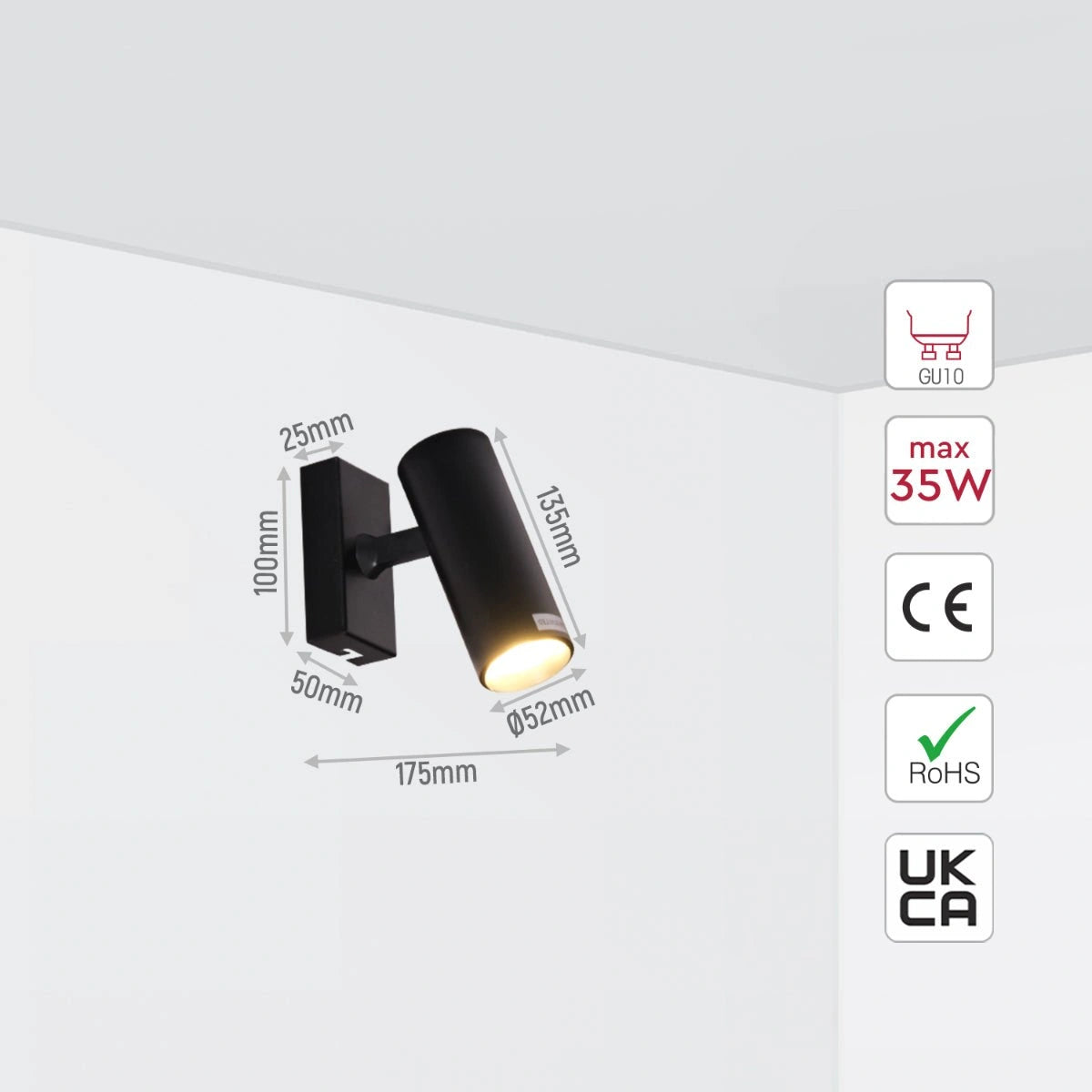 Size and specs of 1 Way Virmo Long Spotlight with GU10 Fitting Black | TEKLED 172-03088