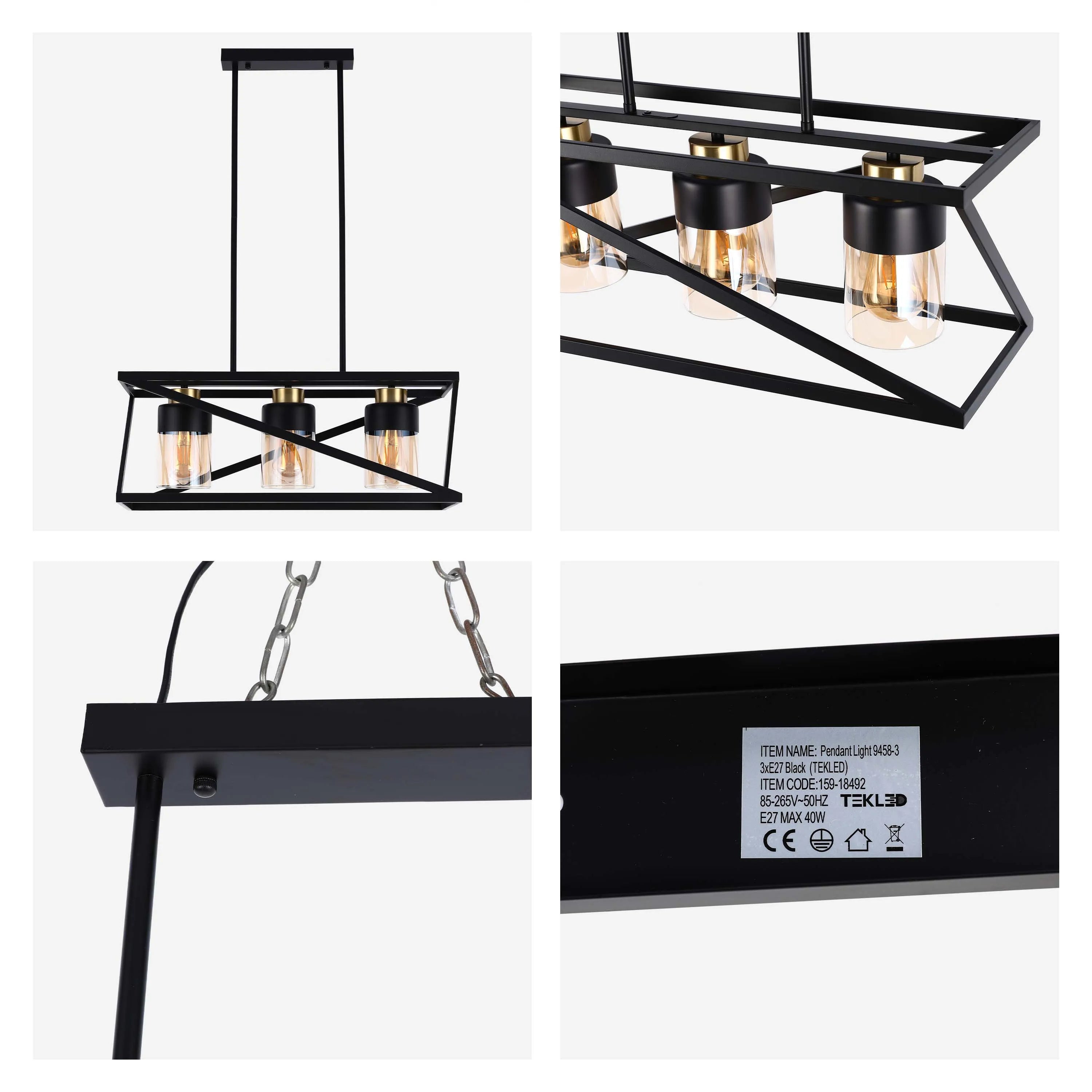 Lámpara de Techo Colgante Geométrica Negra y Dorada de 3 o 5 Luces