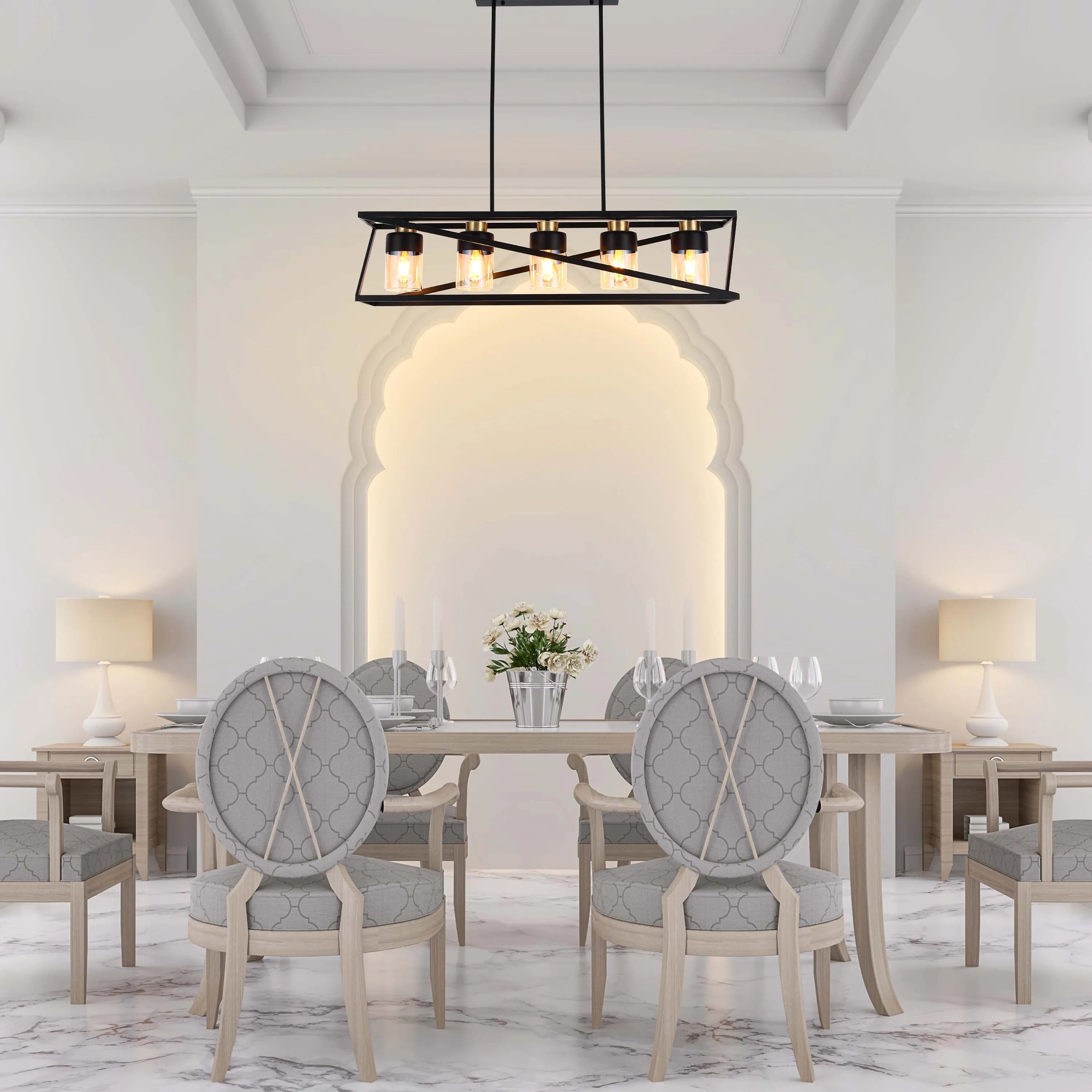 Lámpara de Techo Colgante Geométrica Negra y Dorada de 3 o 5 Luces