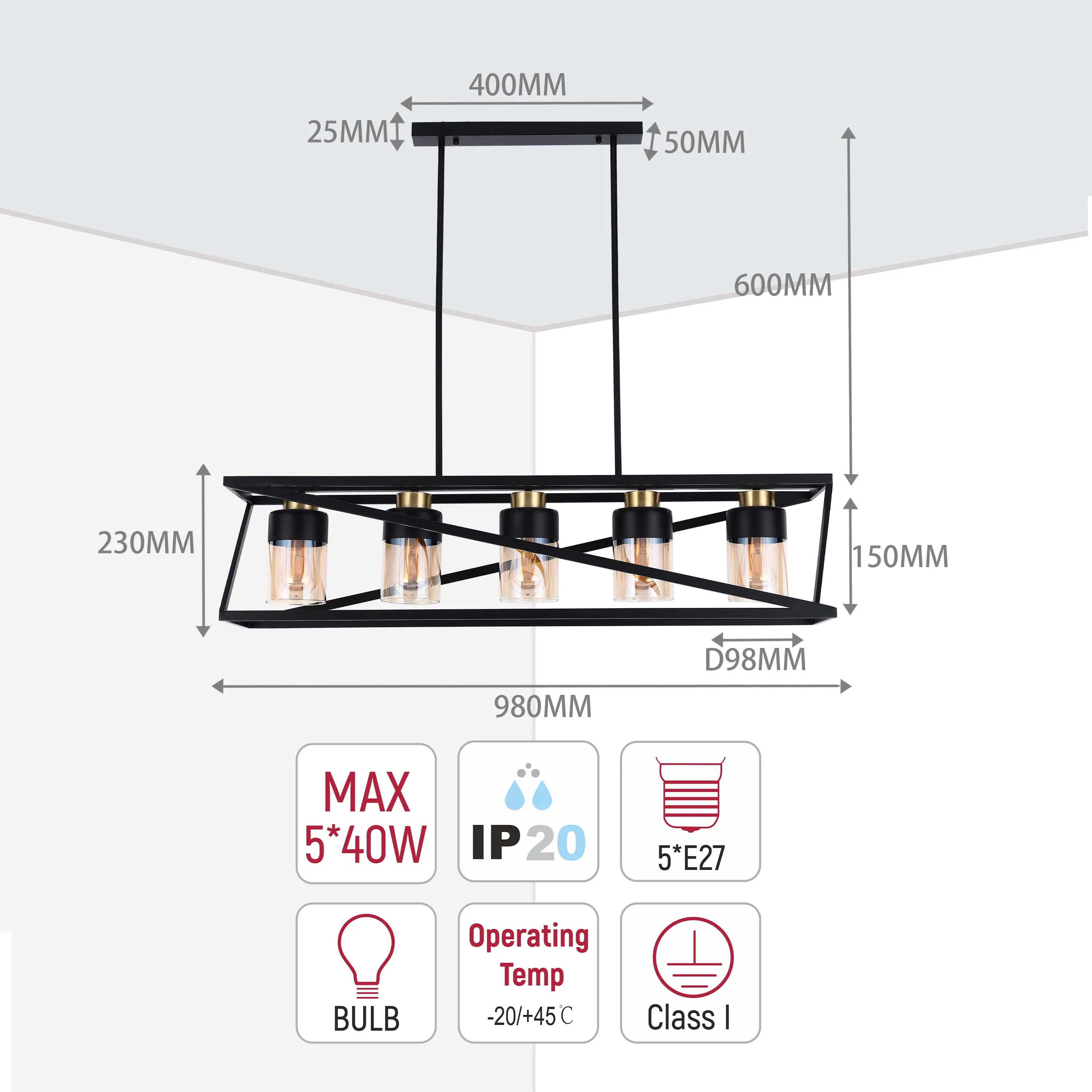 Lámpara de Techo Colgante Geométrica Negra y Dorada de 3 o 5 Luces