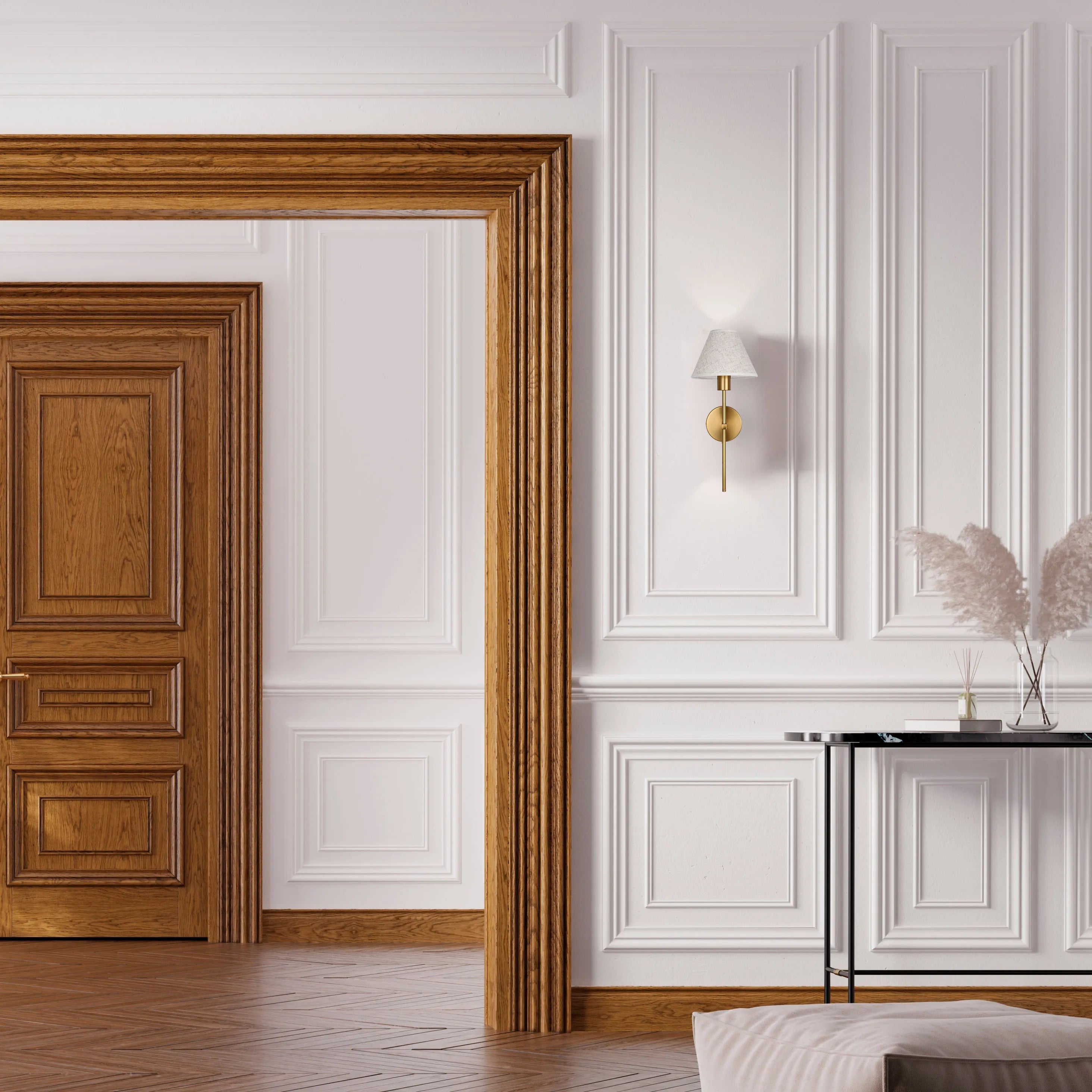 Lámpara de pared cónica dorada con crema y negro, con cadena de tiro