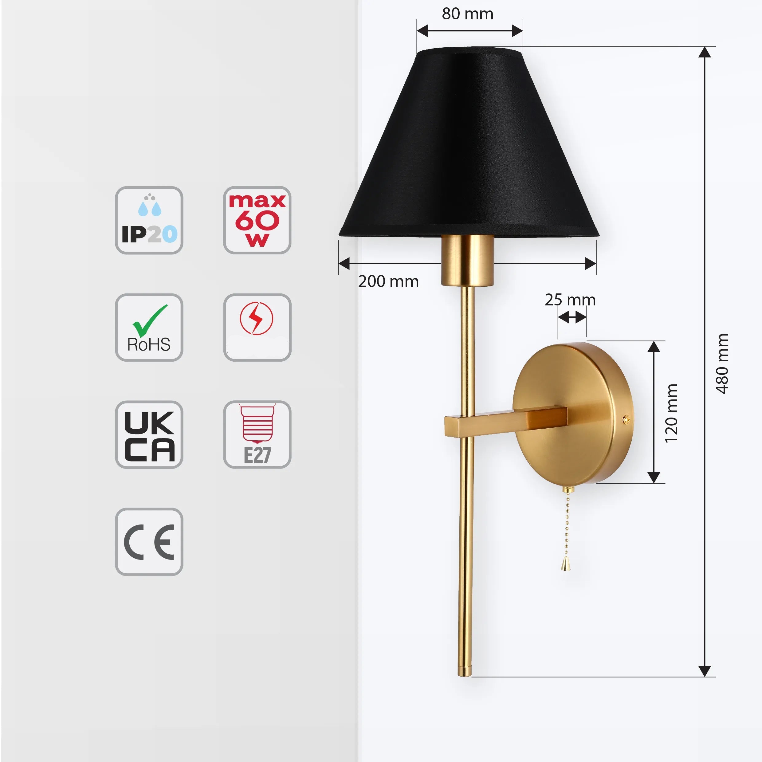 Lámpara de pared cónica dorada con crema y negro, con cadena de tiro