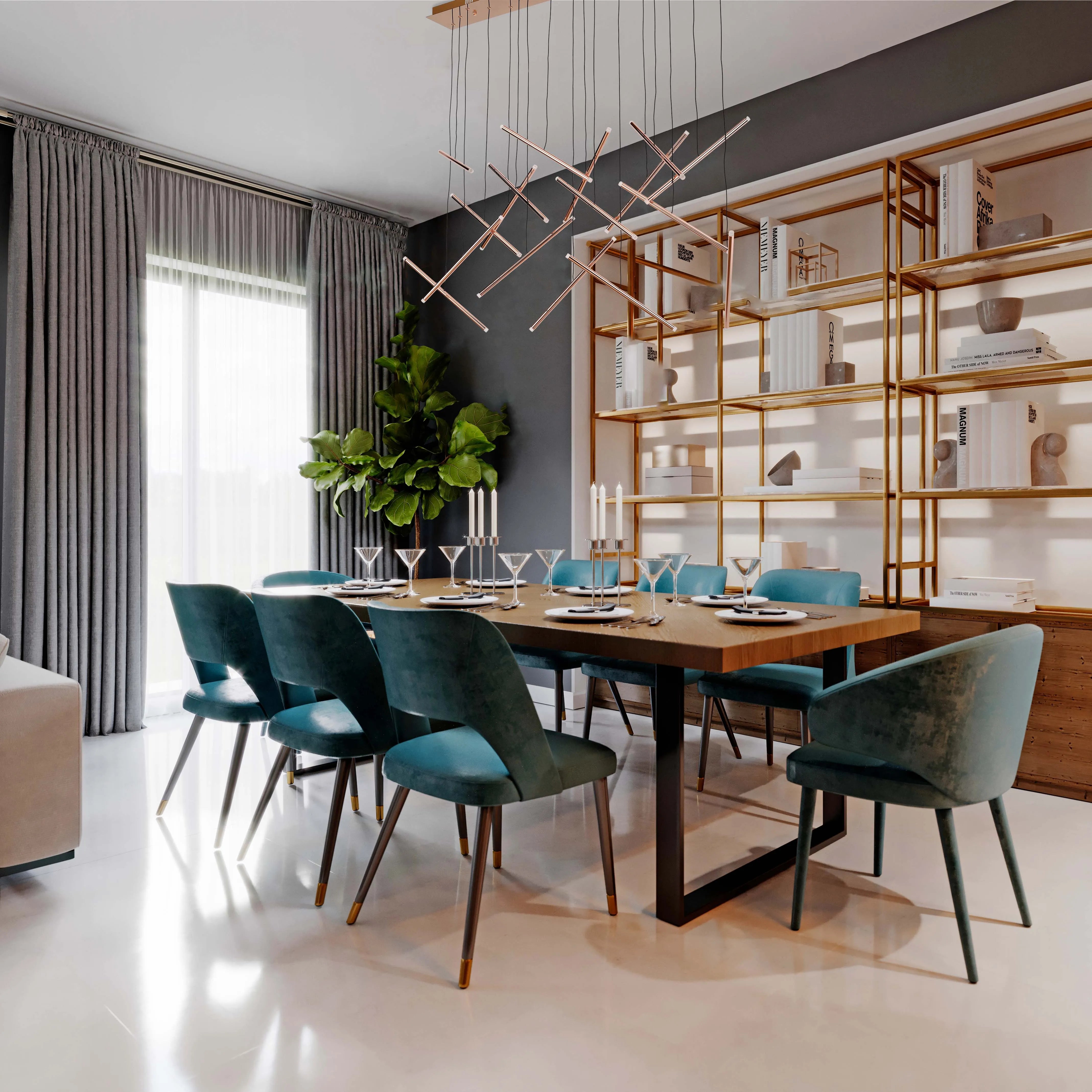 Lámpara Colgante Moderna Dorada con Múltiples Luces en Diseño Cruzado