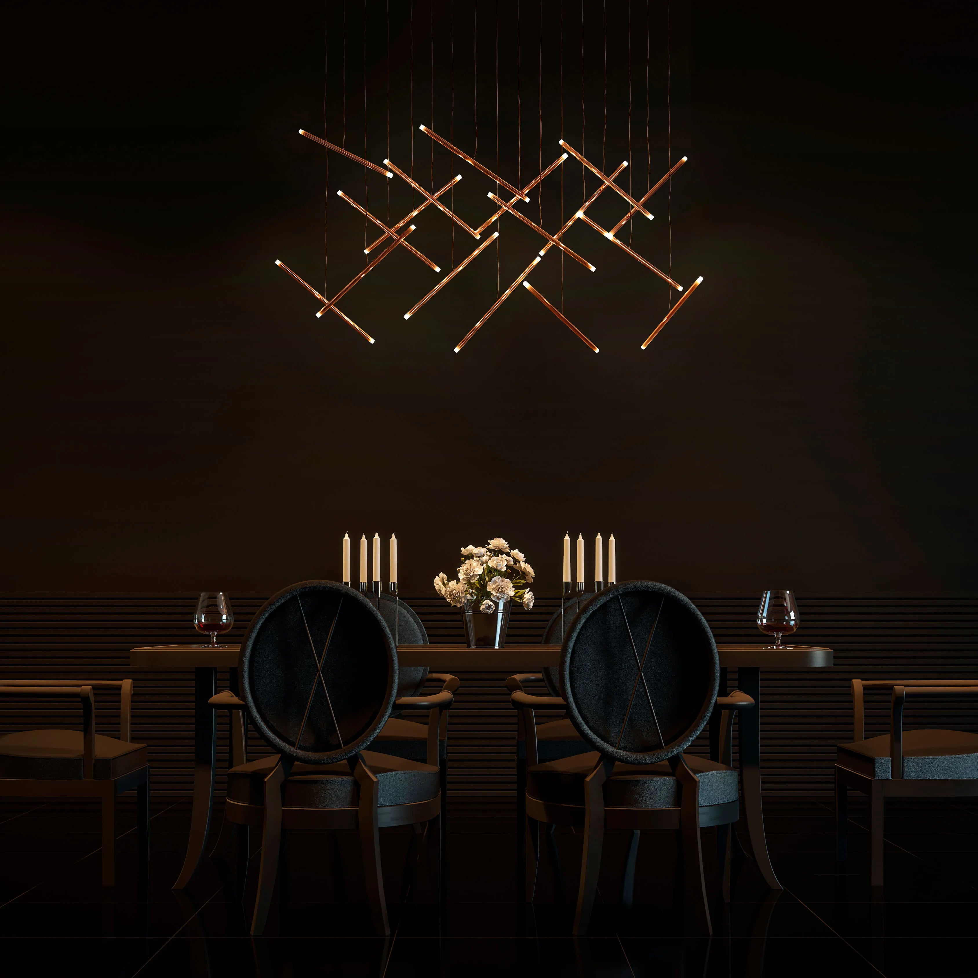 Lámpara Colgante Moderna Dorada con Múltiples Luces en Diseño Cruzado