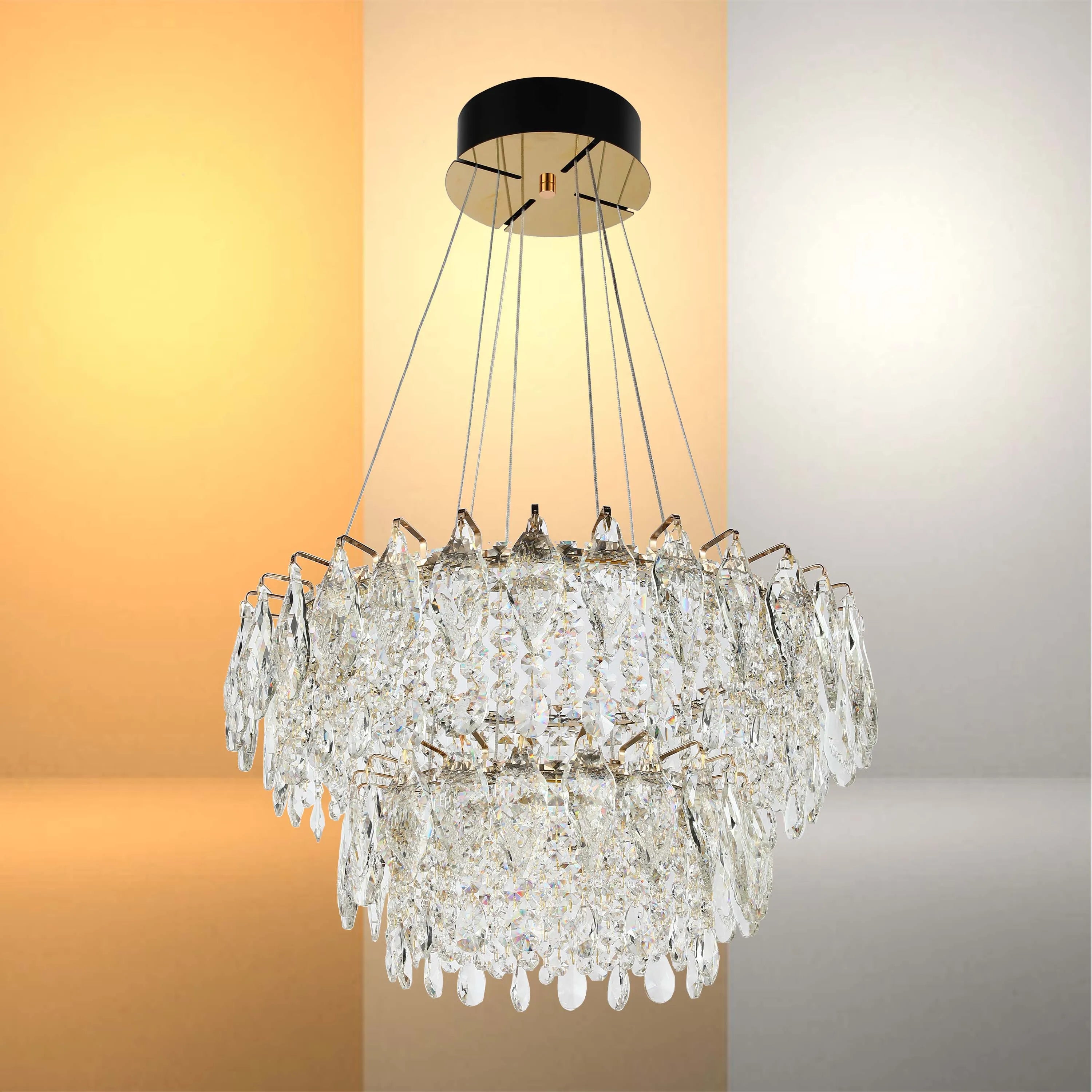 Candelabro de cristal dorado - Diseño circular u ovalado, LED SMD regulable con 3CCT, suspensión ajustable