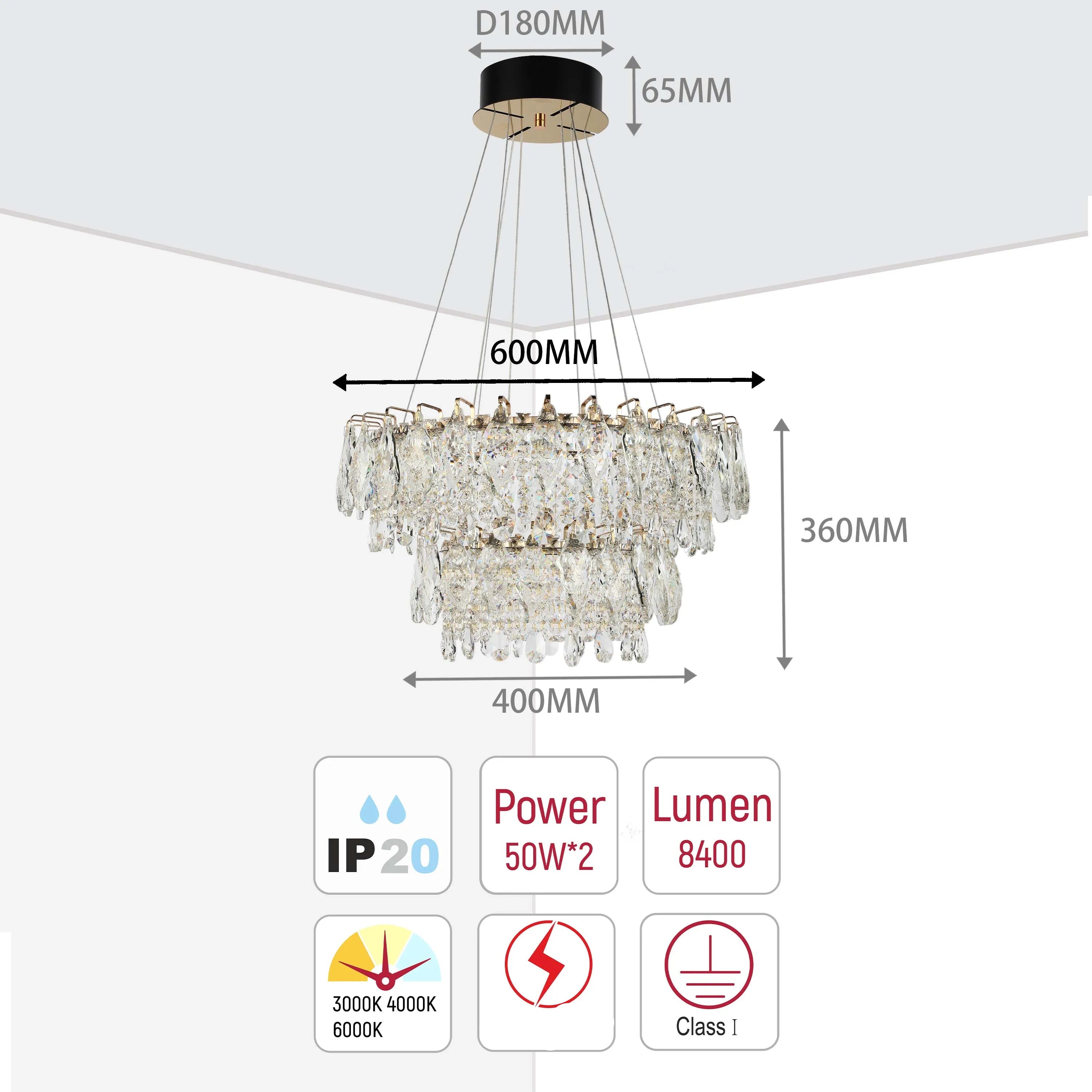Candelabro de cristal dorado - Diseño circular u ovalado, LED SMD regulable con 3CCT, suspensión ajustable