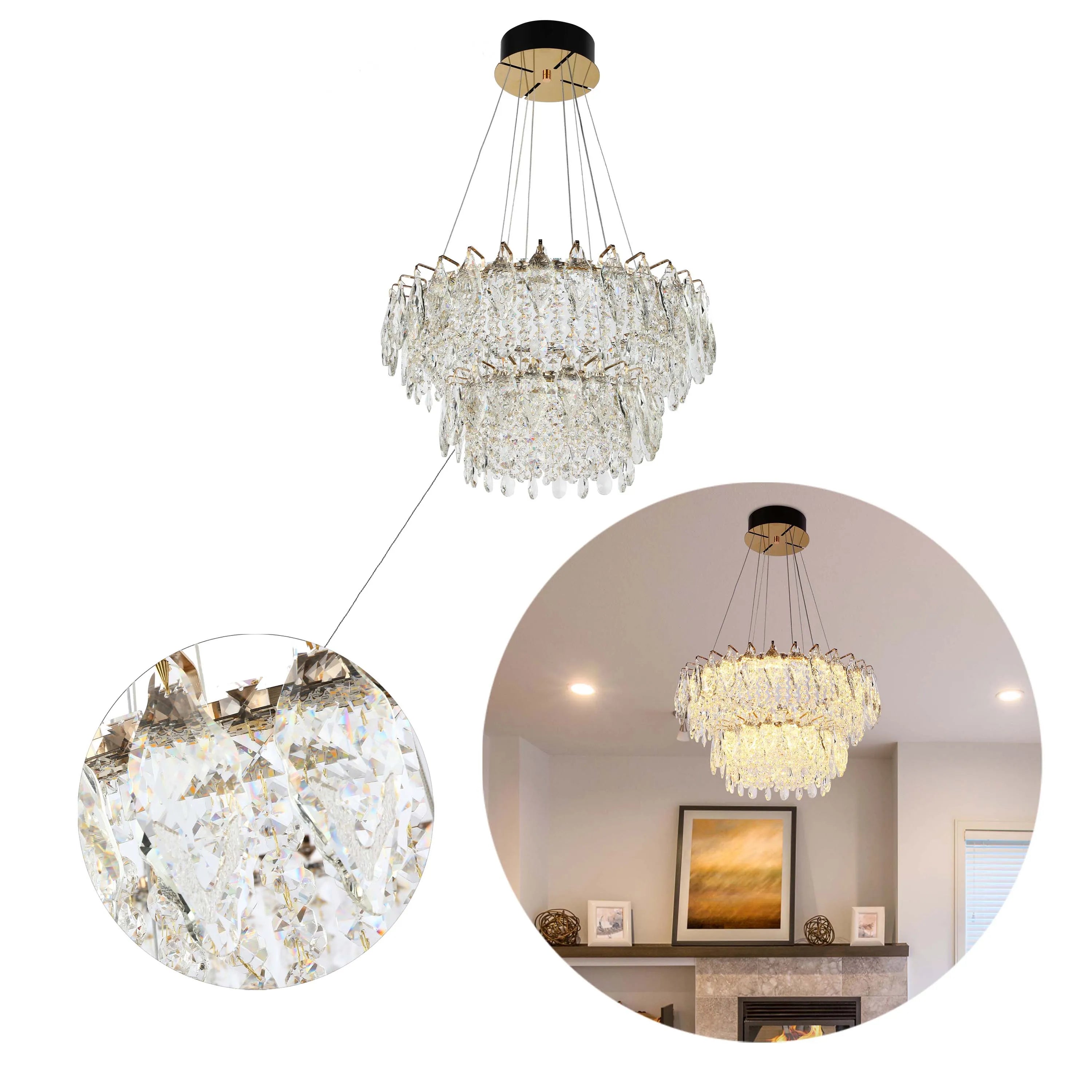 Candelabro de cristal dorado - Diseño circular u ovalado, LED SMD regulable con 3CCT, suspensión ajustable