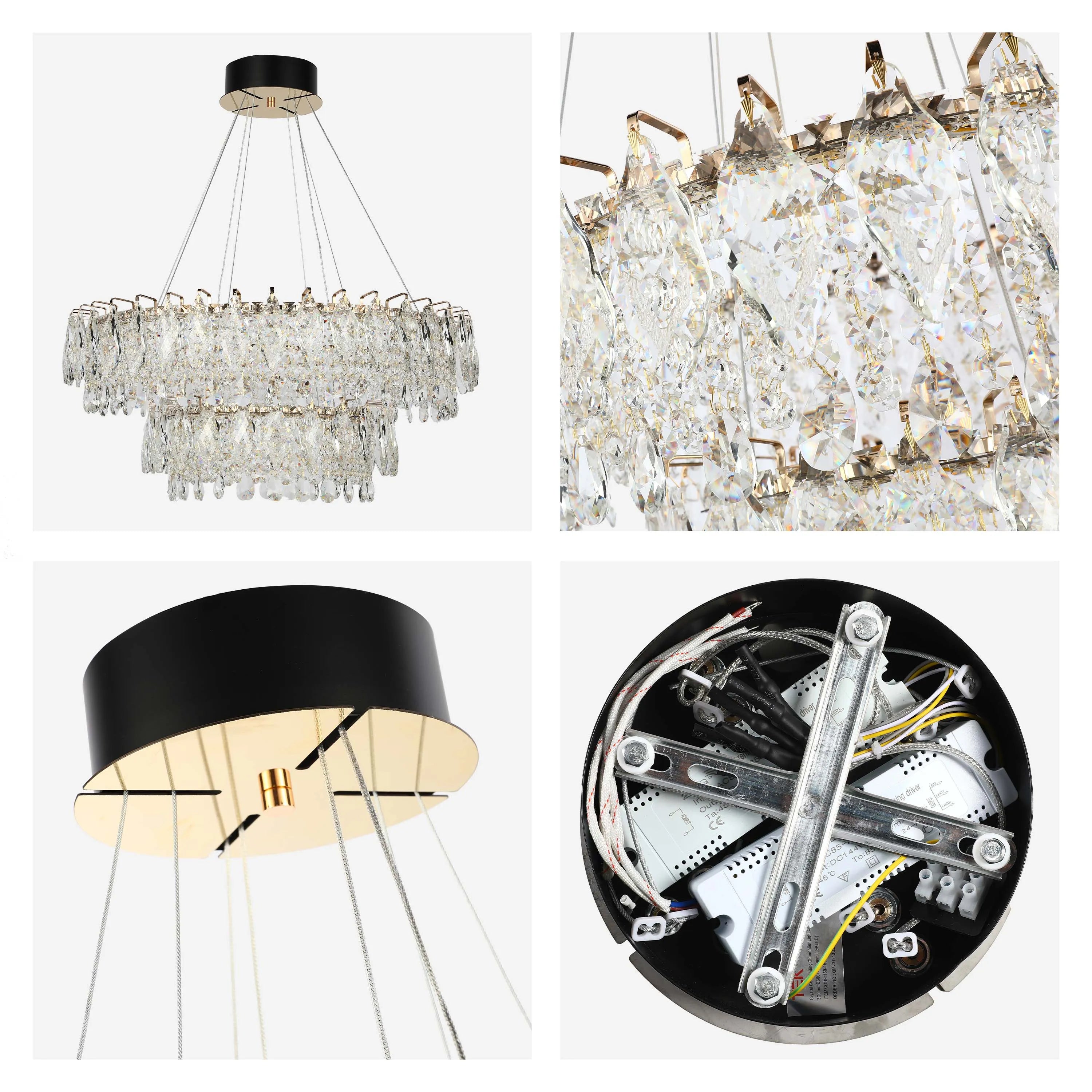 Candelabro de cristal dorado - Diseño circular u ovalado, LED SMD regulable con 3CCT, suspensión ajustable
