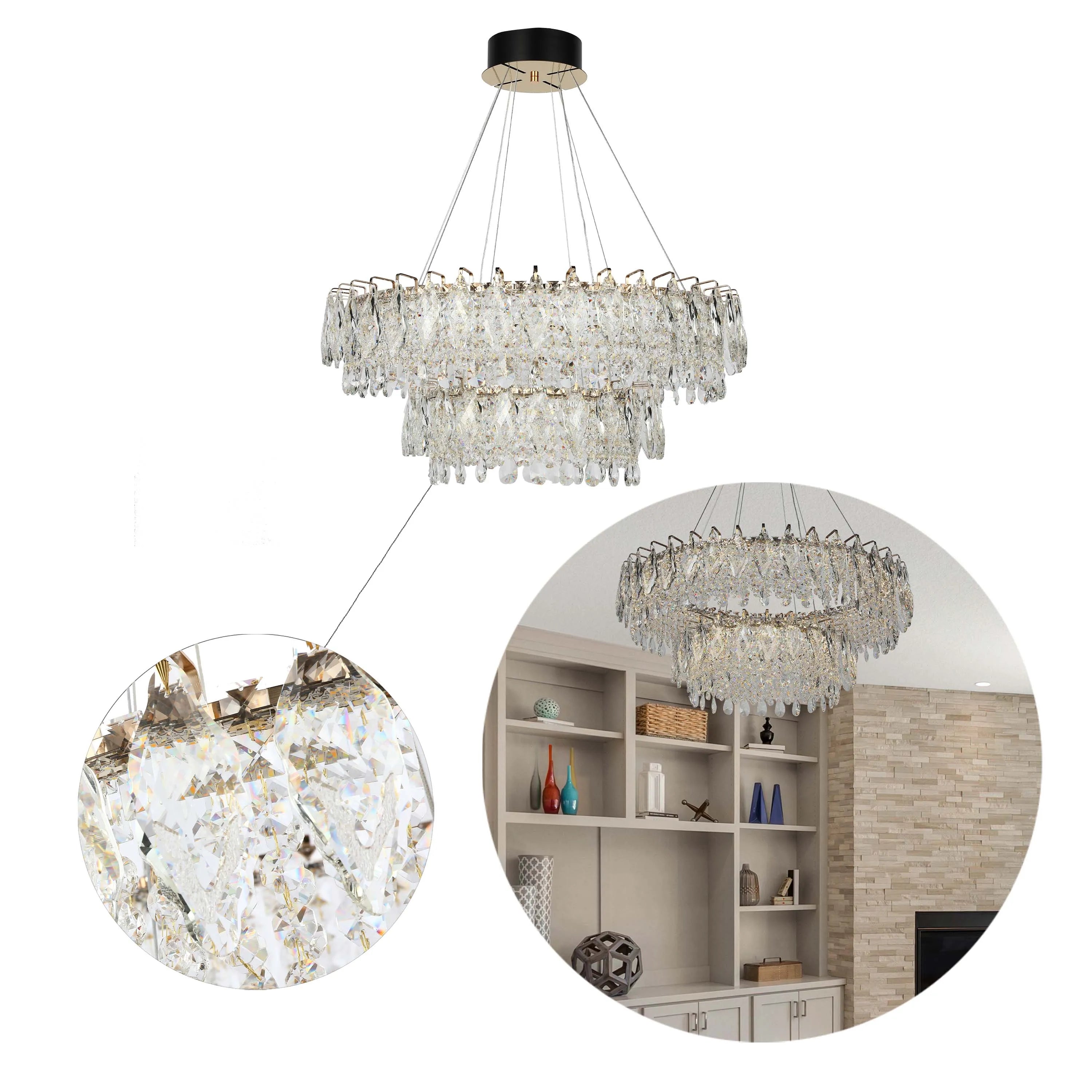 Candelabro de cristal dorado - Diseño circular u ovalado, LED SMD regulable con 3CCT, suspensión ajustable