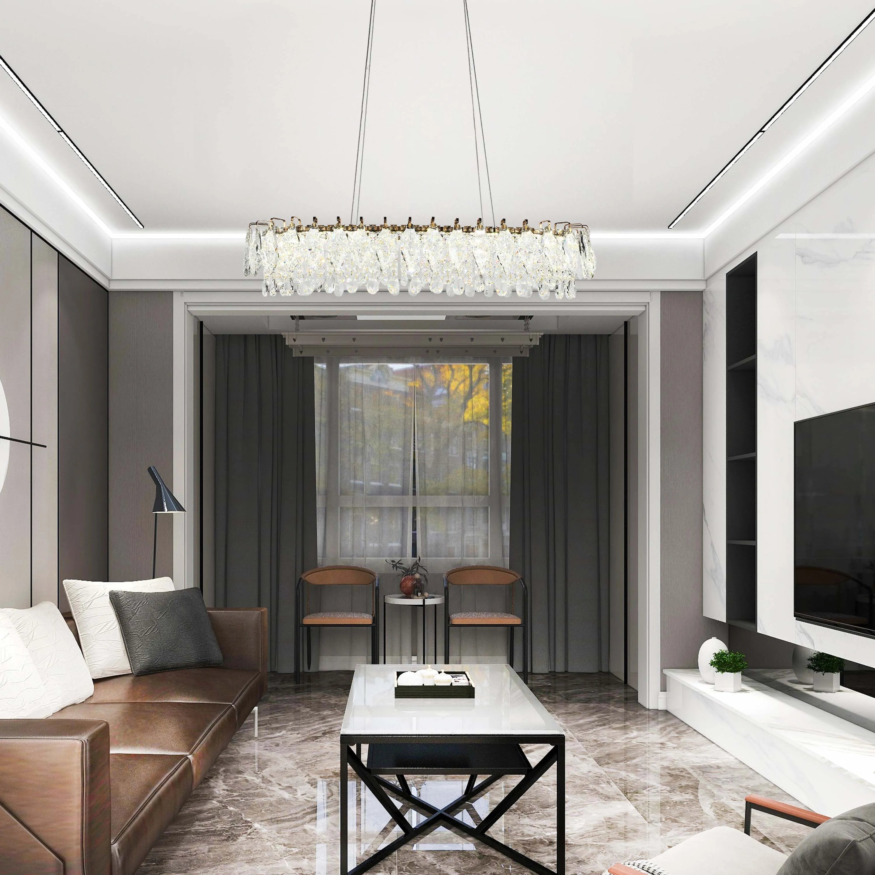 Candelabro de cristal dorado - Diseño circular u ovalado, LED SMD regulable con 3CCT, suspensión ajustable