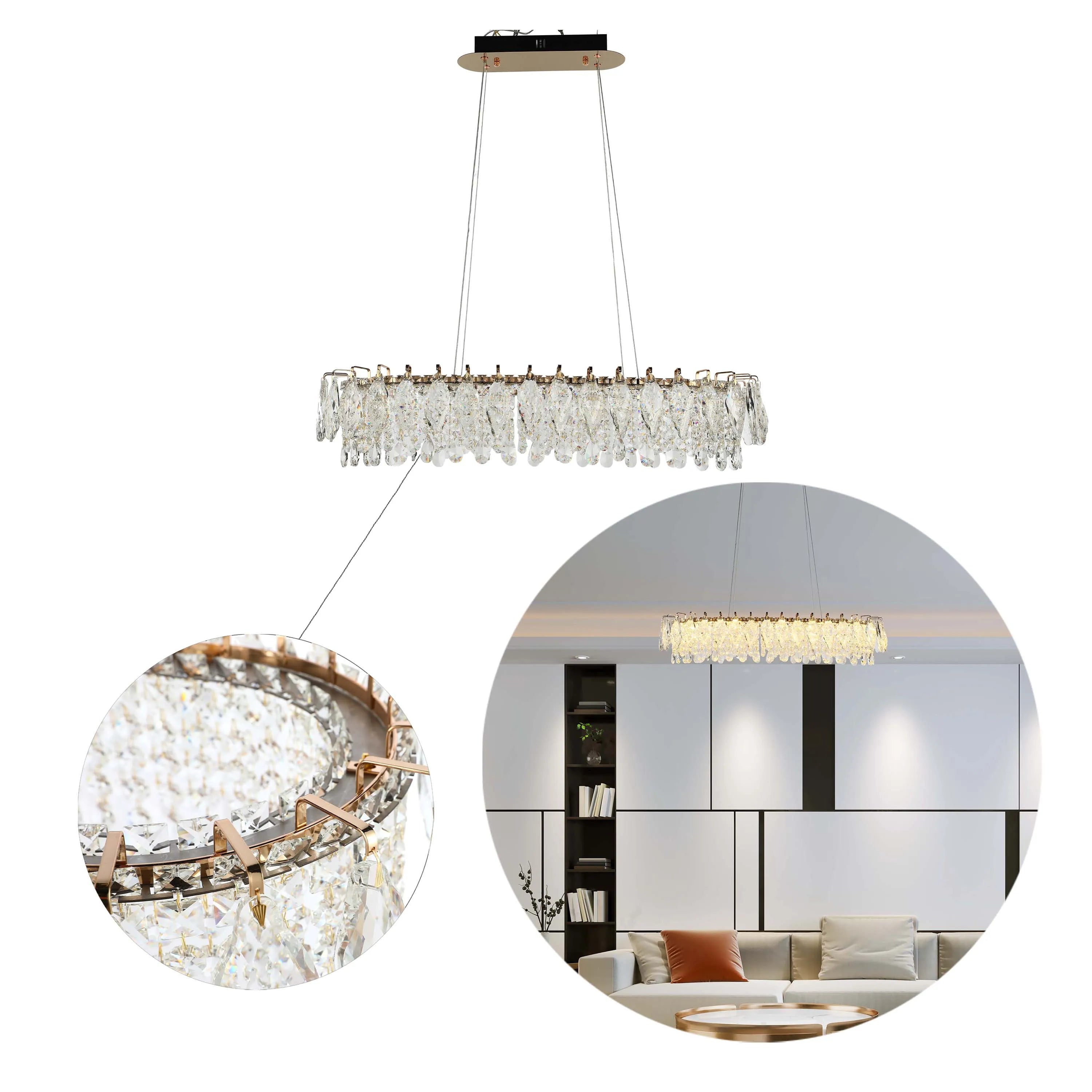 Candelabro de cristal dorado - Diseño circular u ovalado, LED SMD regulable con 3CCT, suspensión ajustable