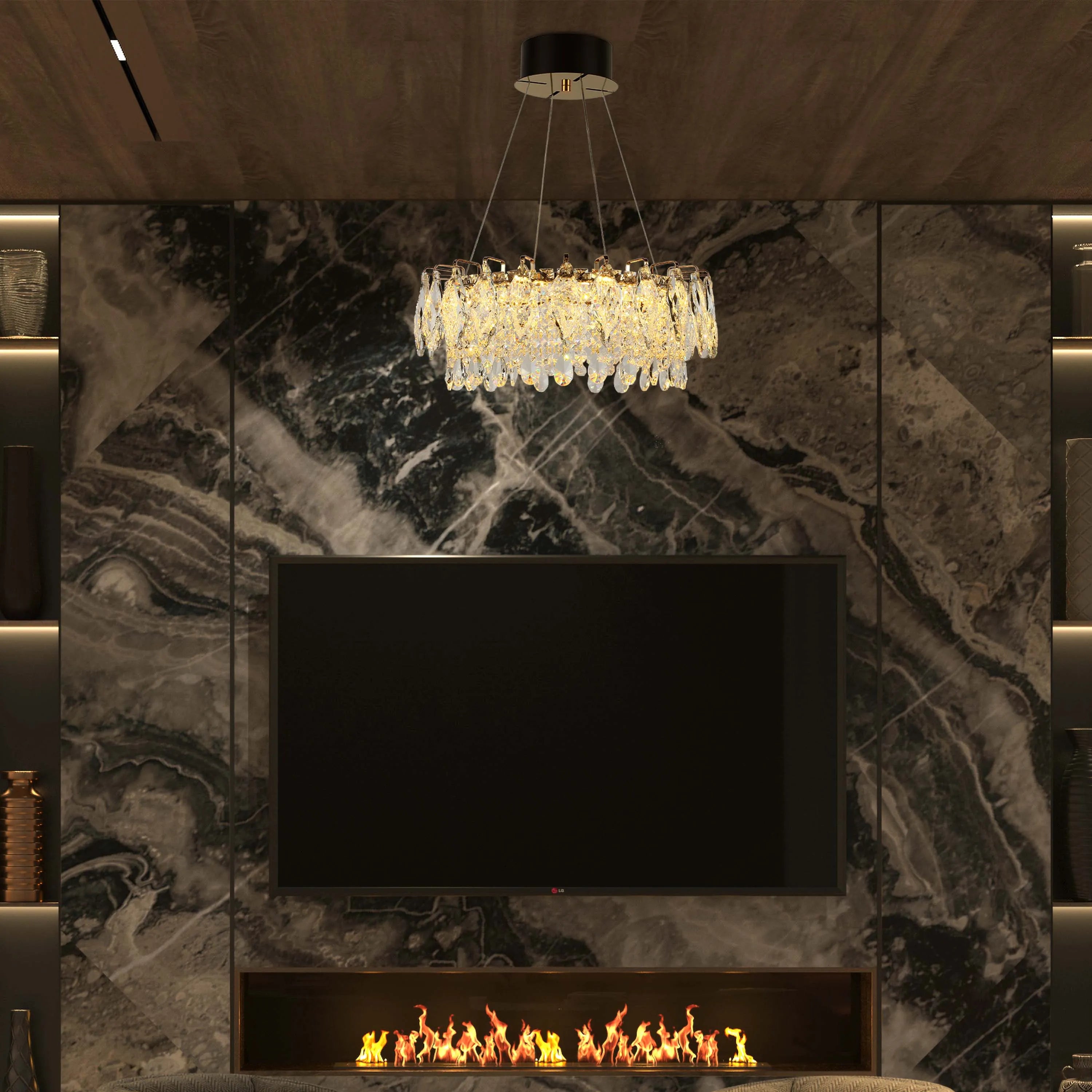 Candelabro de cristal dorado - Diseño circular u ovalado, LED SMD regulable con 3CCT, suspensión ajustable