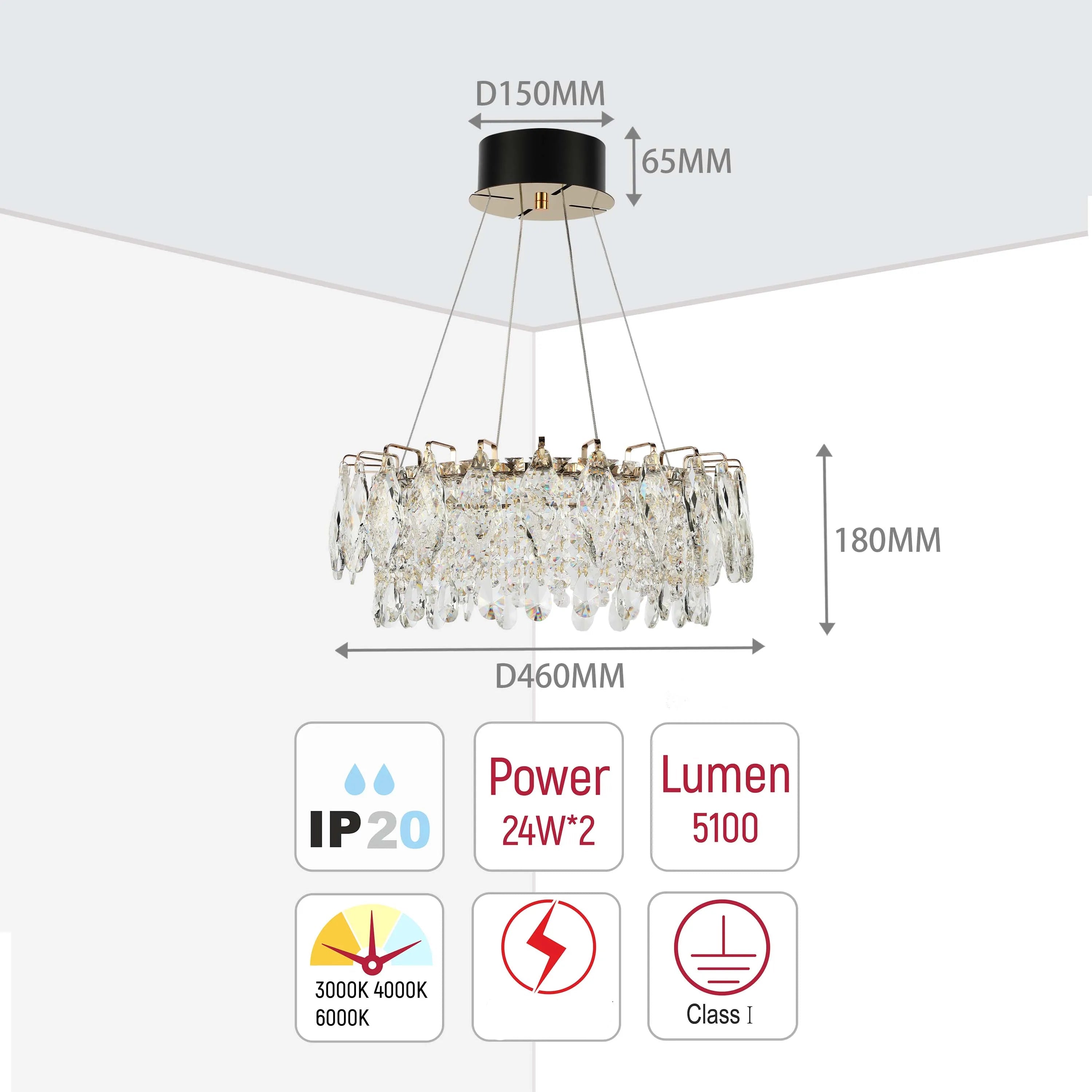 Candelabro de cristal dorado - Diseño circular u ovalado, LED SMD regulable con 3CCT, suspensión ajustable