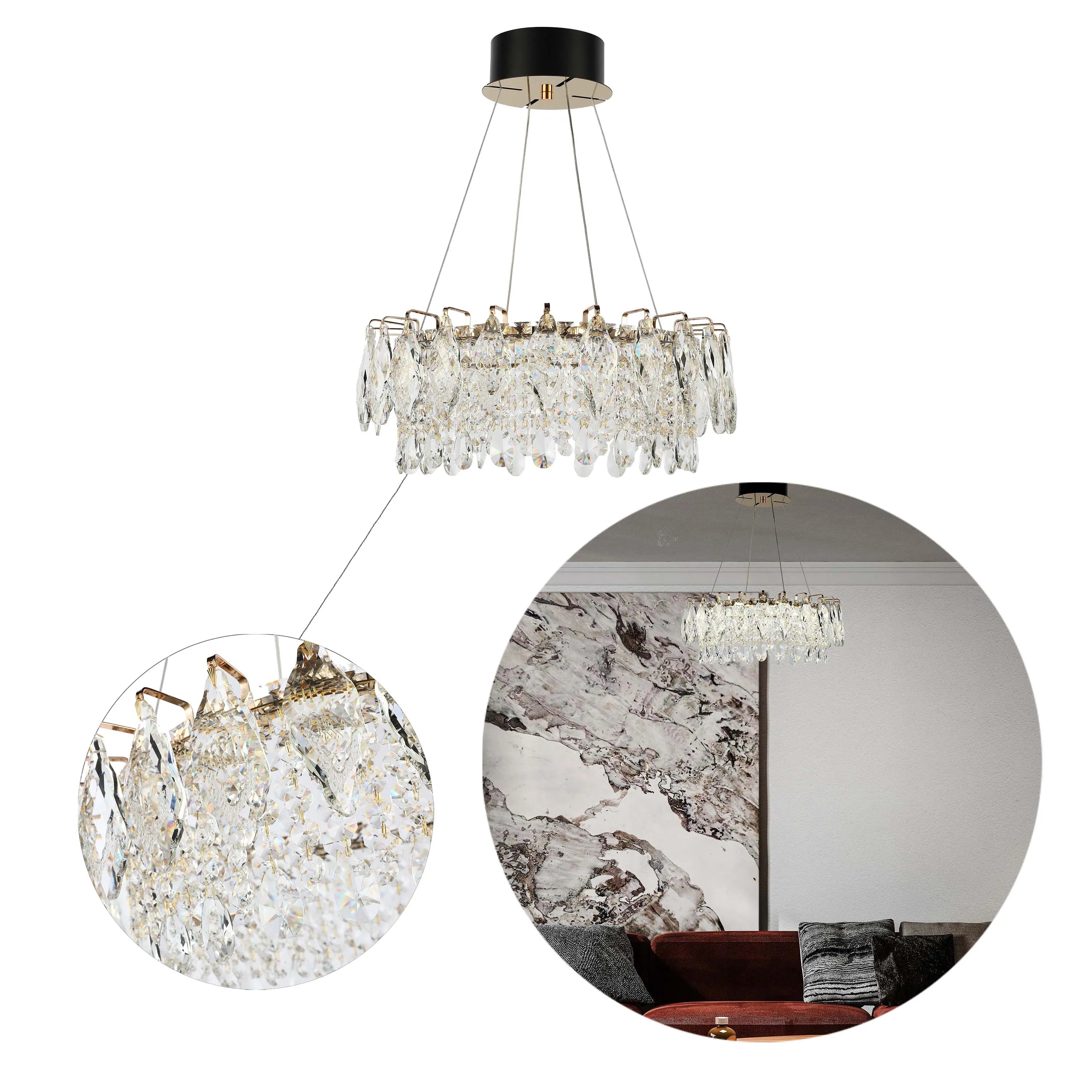 Candelabro de cristal dorado - Diseño circular u ovalado, LED SMD regulable con 3CCT, suspensión ajustable