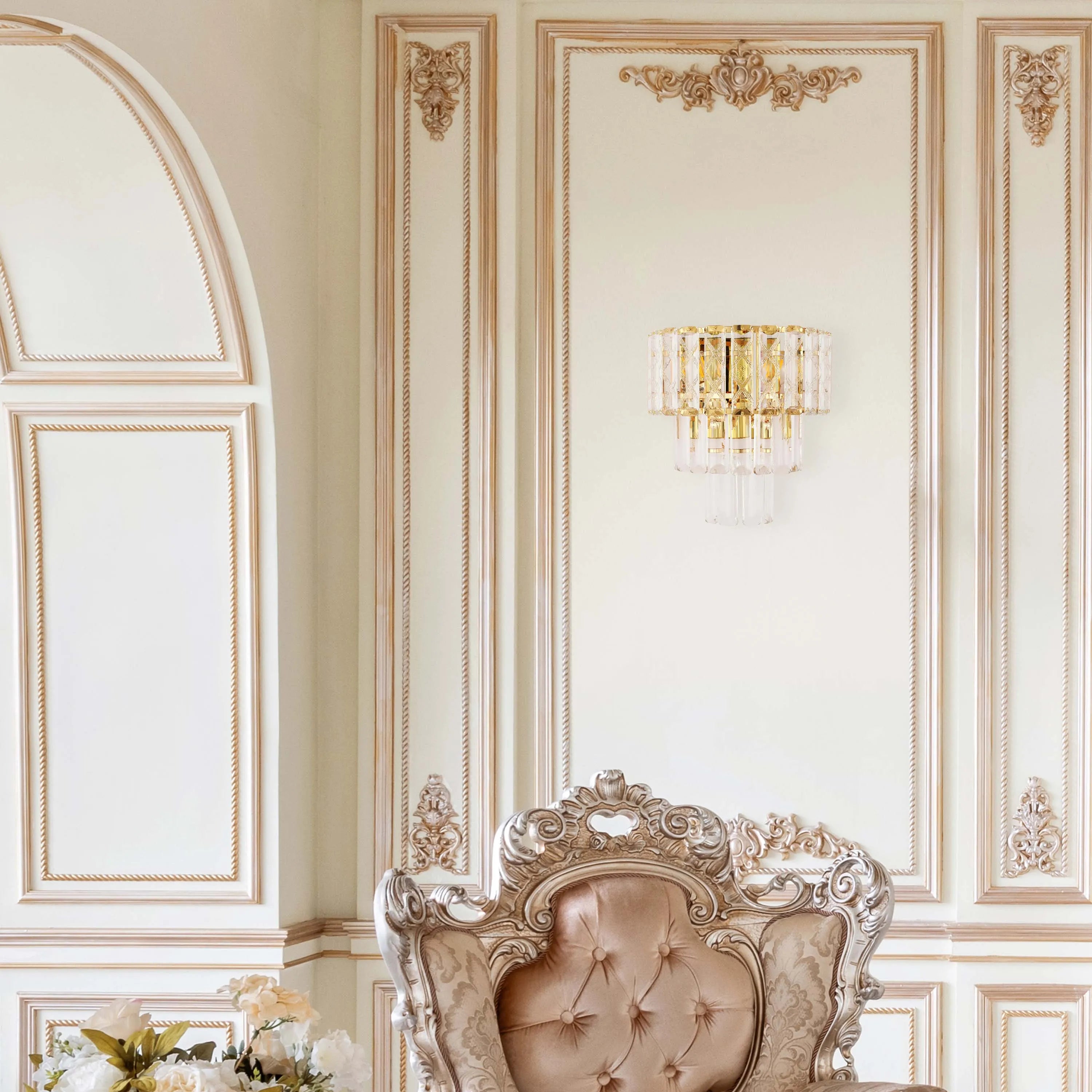 Lámpara de pared dorada con cristal y vidrio rectangular