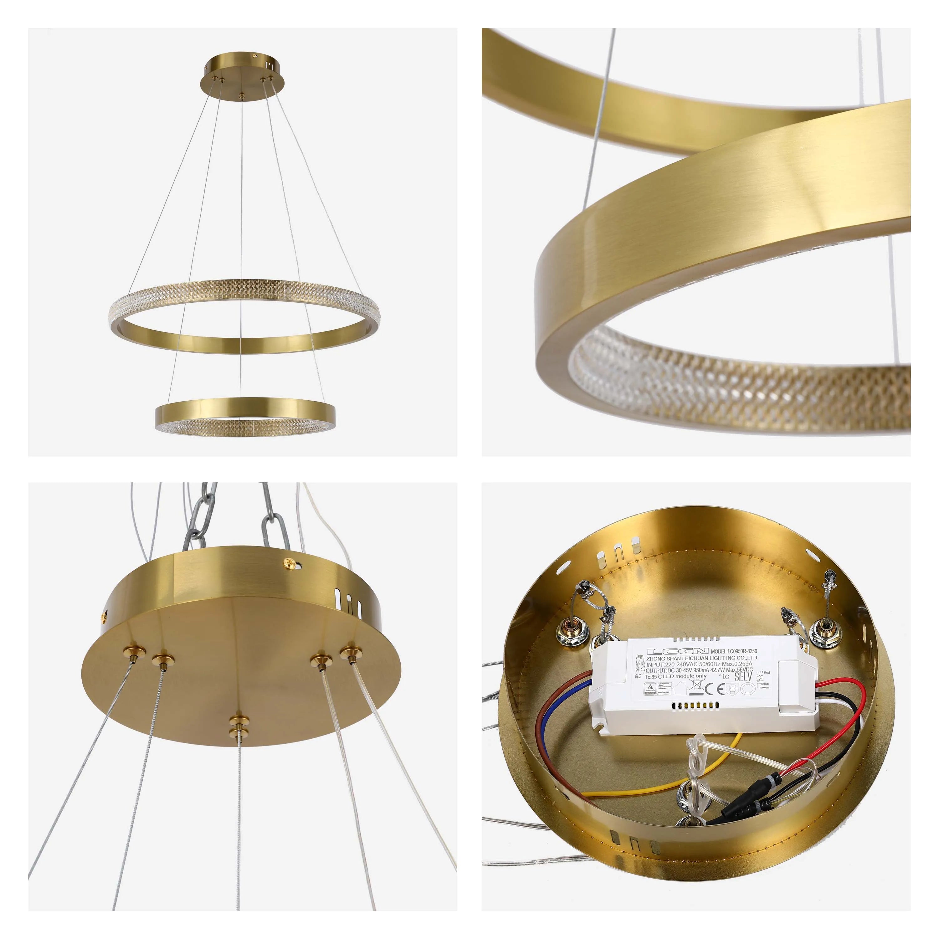 Lámpara colgante de cristal con doble aro dorado