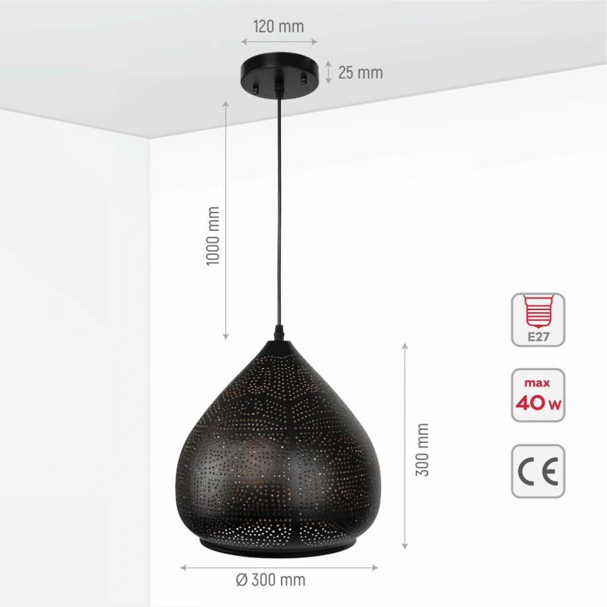 Size and specs of Black-Golden Metal India Dome Pendant Ceiling Light with E27 | TEKLED 150-17958