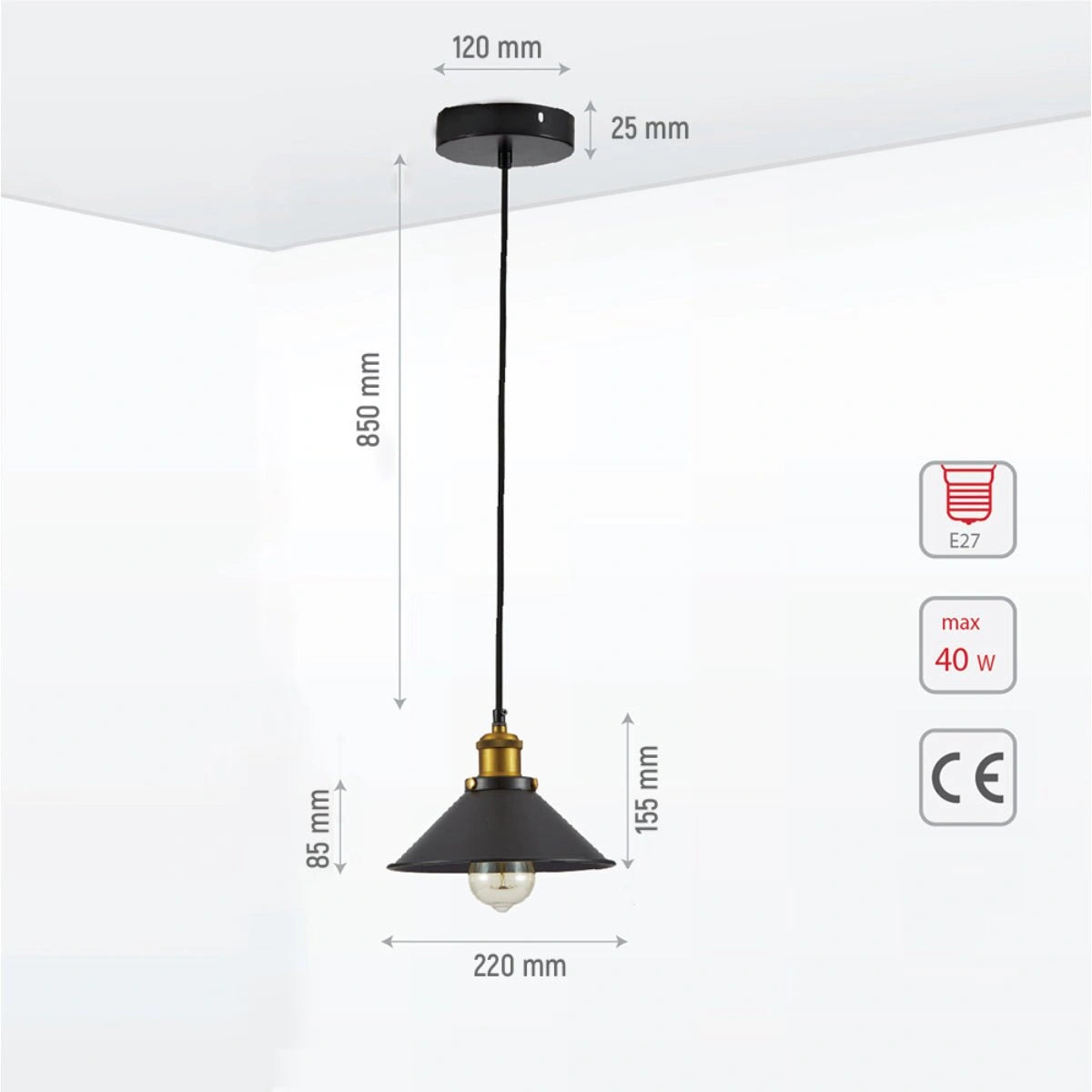 Size and specs of Black Metal Small Funnel Pendant Ceiling Light with E27 | TEKLED 150-17862