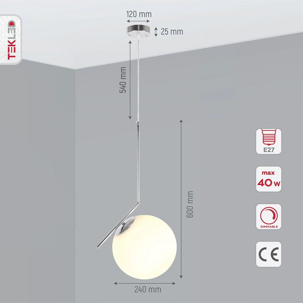 Product dimensions of chrome metal opal white glass globe pendant light m with e27 fitting