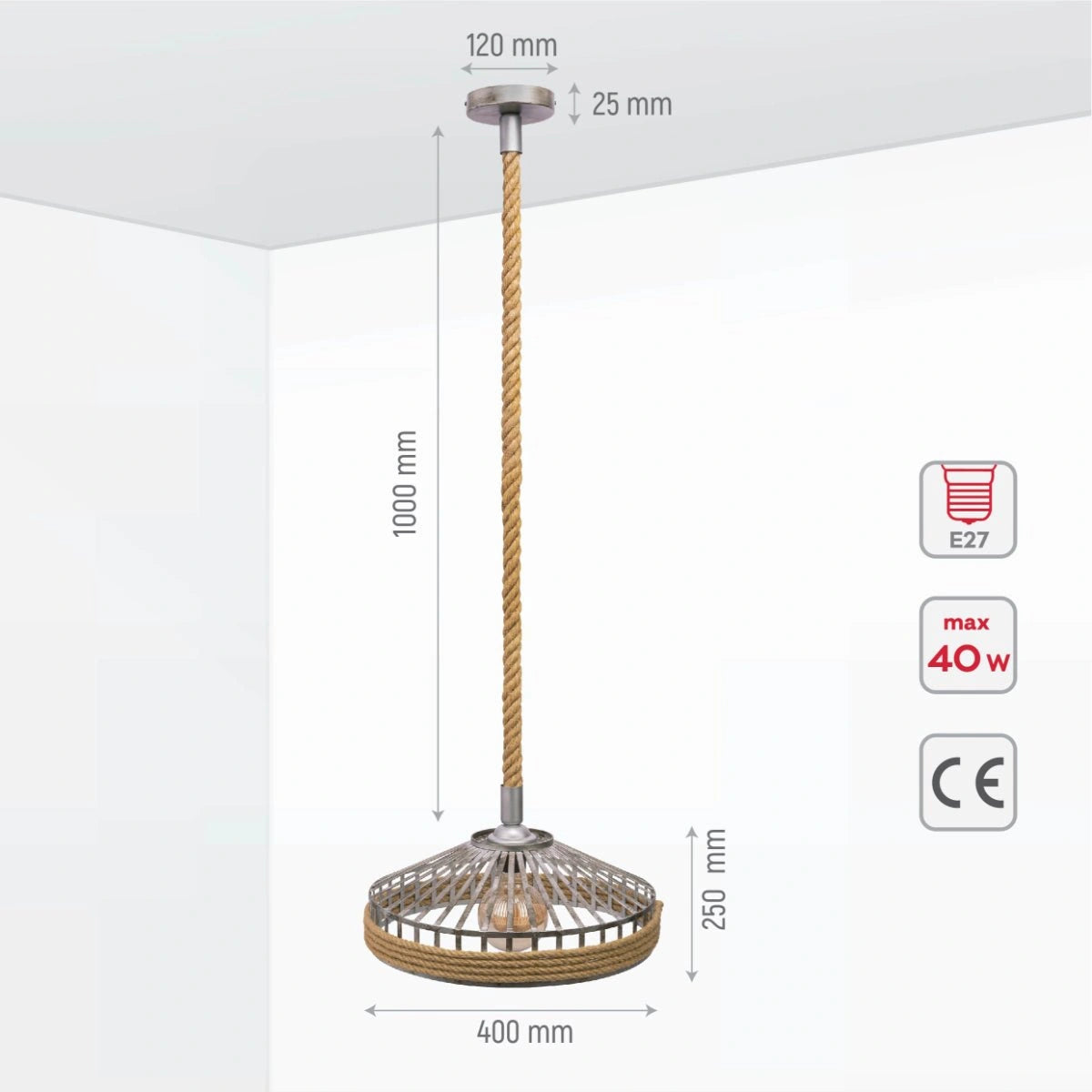 Size and specs of Silvery Grey Metal Hemp Rope Cage Pendant Ceiling Light with E27 | TEKLED 150-17720