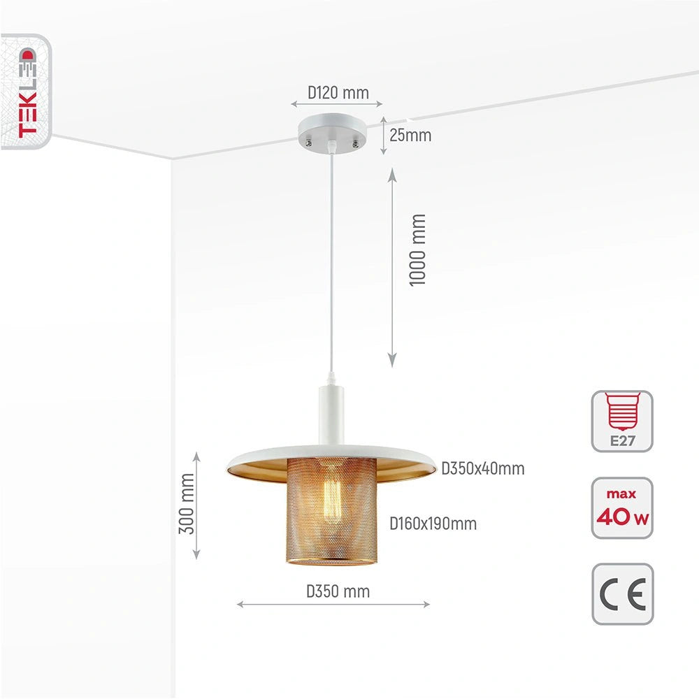 Product dimensions of white-golden metal caged flat pendant light with e27 fitting